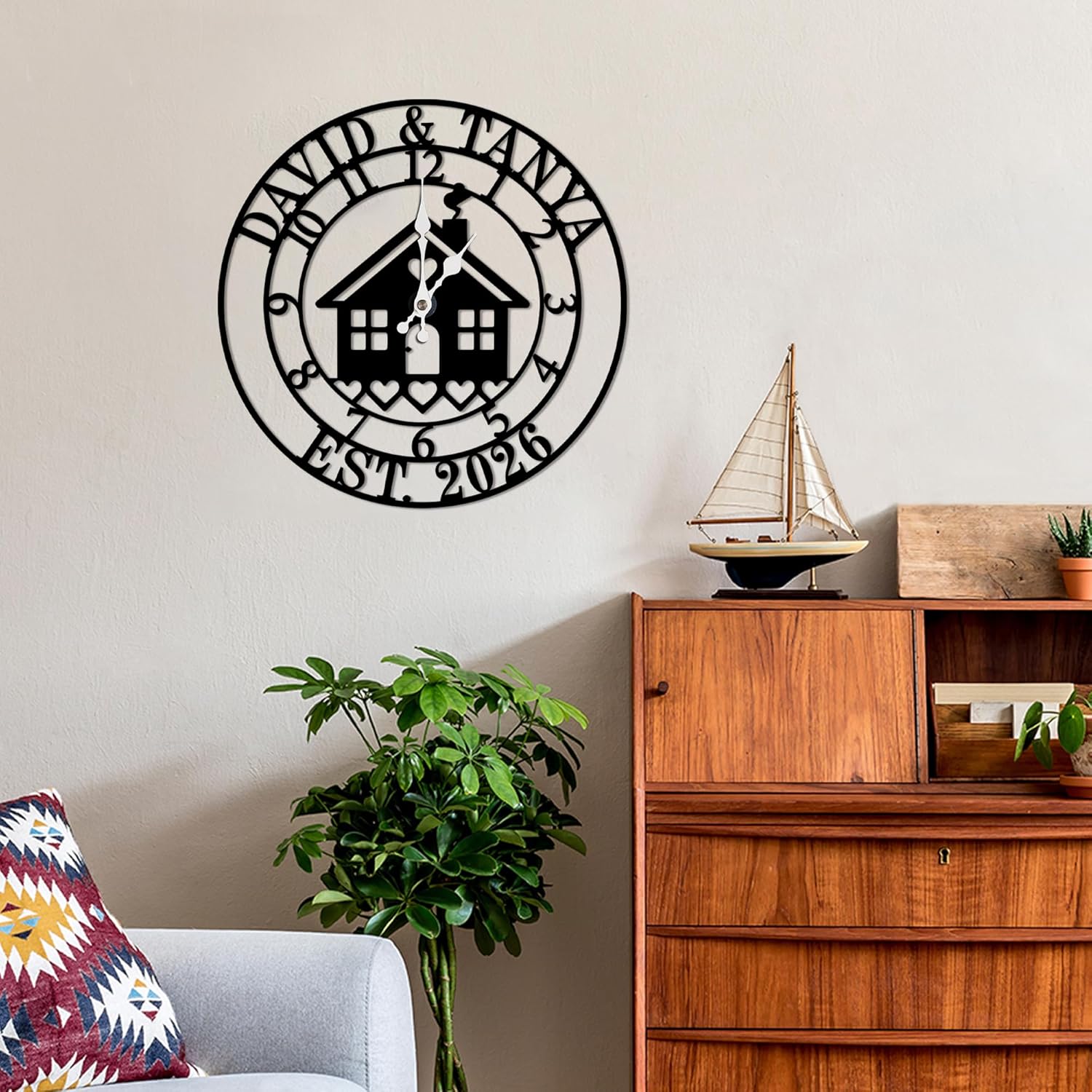 Personalized Metal Wall Clock with Family Name, Battery Operated,Black Metal Wall Clock for Living Room, Entryway,Bedroom,Pool Area,Farmhouse, Kitchen