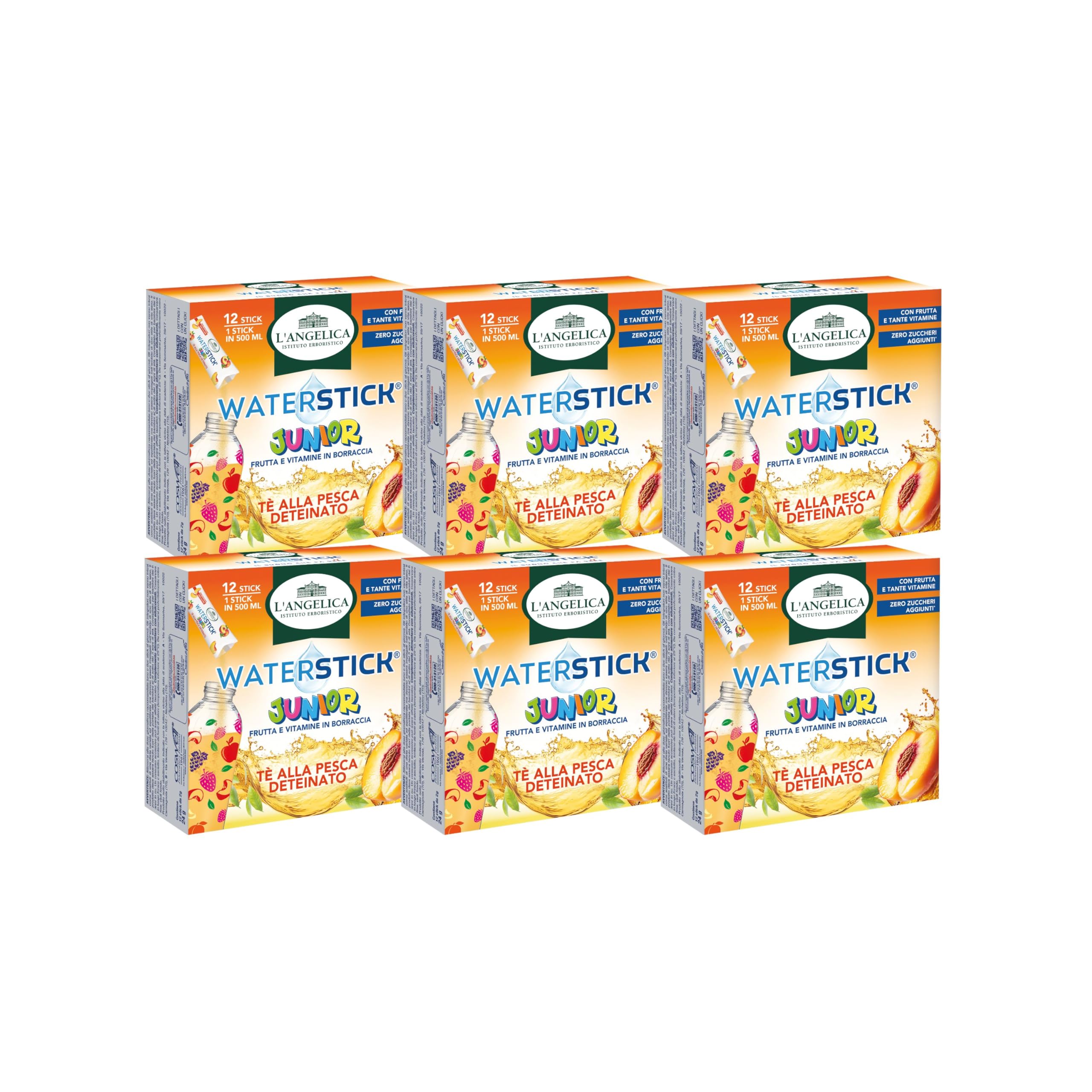 L'Angelica, Waterstick Junior, Gusto Tè alla Pesca Deteinato, Con Frutta, Vitamine, Zero Zuccheri Aggiunti, 6 Astucci da 12 Stick