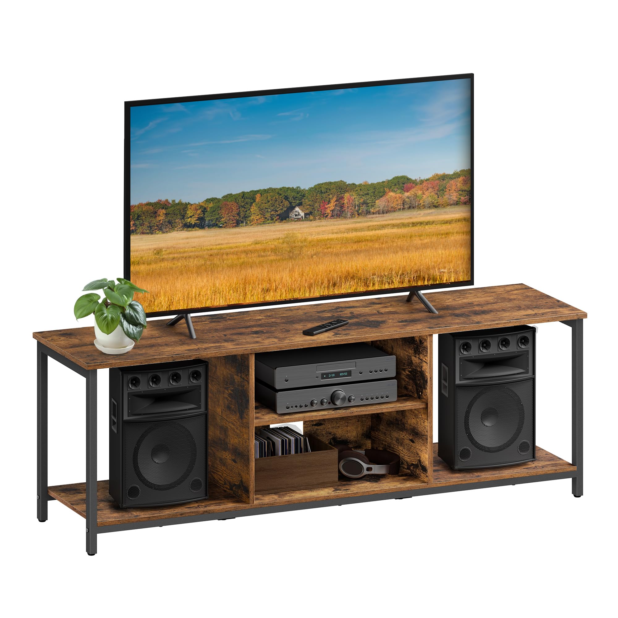VASAGLE TV-Schrank, Fernsehtisch, TV-Regal, Lowboard mit offenen Fächern, für Wohnzimmer, Unterhaltungsraum, für Fernseher bis zu 65 Zoll, Industrie-Design, vintagebraun-tintenschwarz LTV061K01