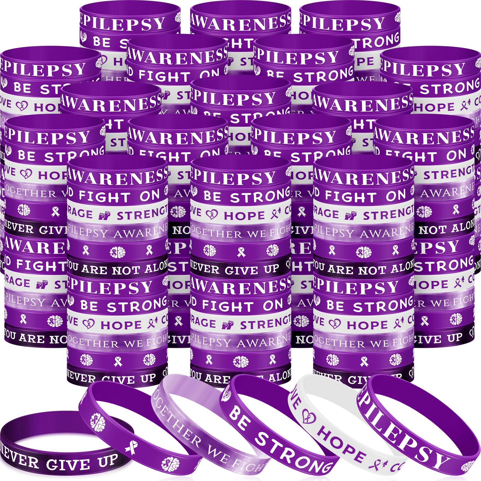 Landical 120 Pcs epilepsy awareness Silicone Bracelets Purple Ribbon Motivational Rubber Wristbands Colored epilepsy awareness wristbands For Event Support Charity Supplies Favor