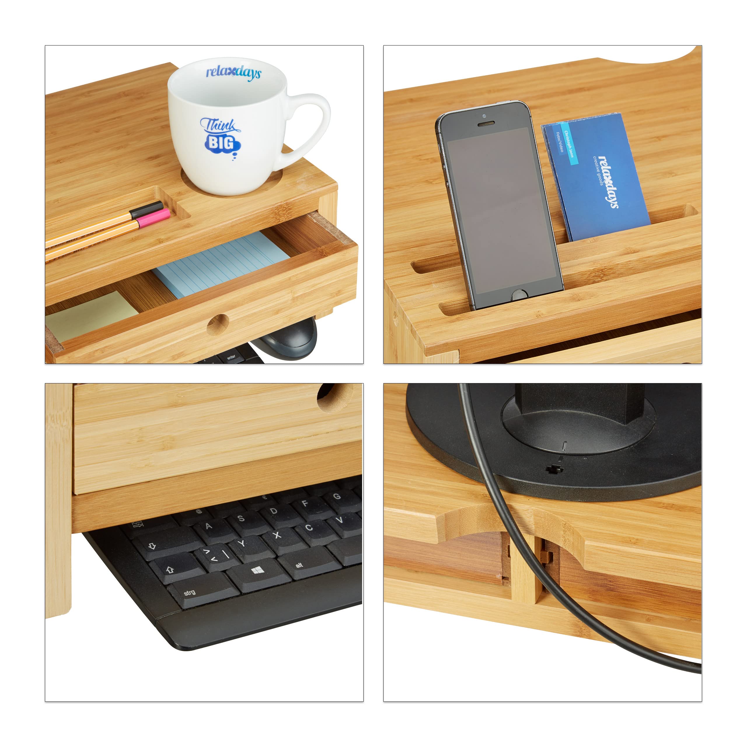 Relaxdays Supporto per Monitor, bambù, Rialzo per PC, 2 Tiretti & Scomparti, HLP 14 x 60 x 30 cm, Bianco/Legno Naturale