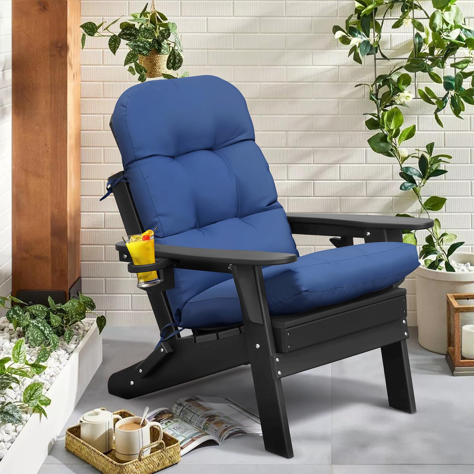 ATR ART TO REAL Adirondack - Cojines para silla de jardín, 118 x 50 x 11 cm, cojín de repuesto para exteriores con lazos antideslizantes, cojines de asiento impermeables con respaldo alto, color azul