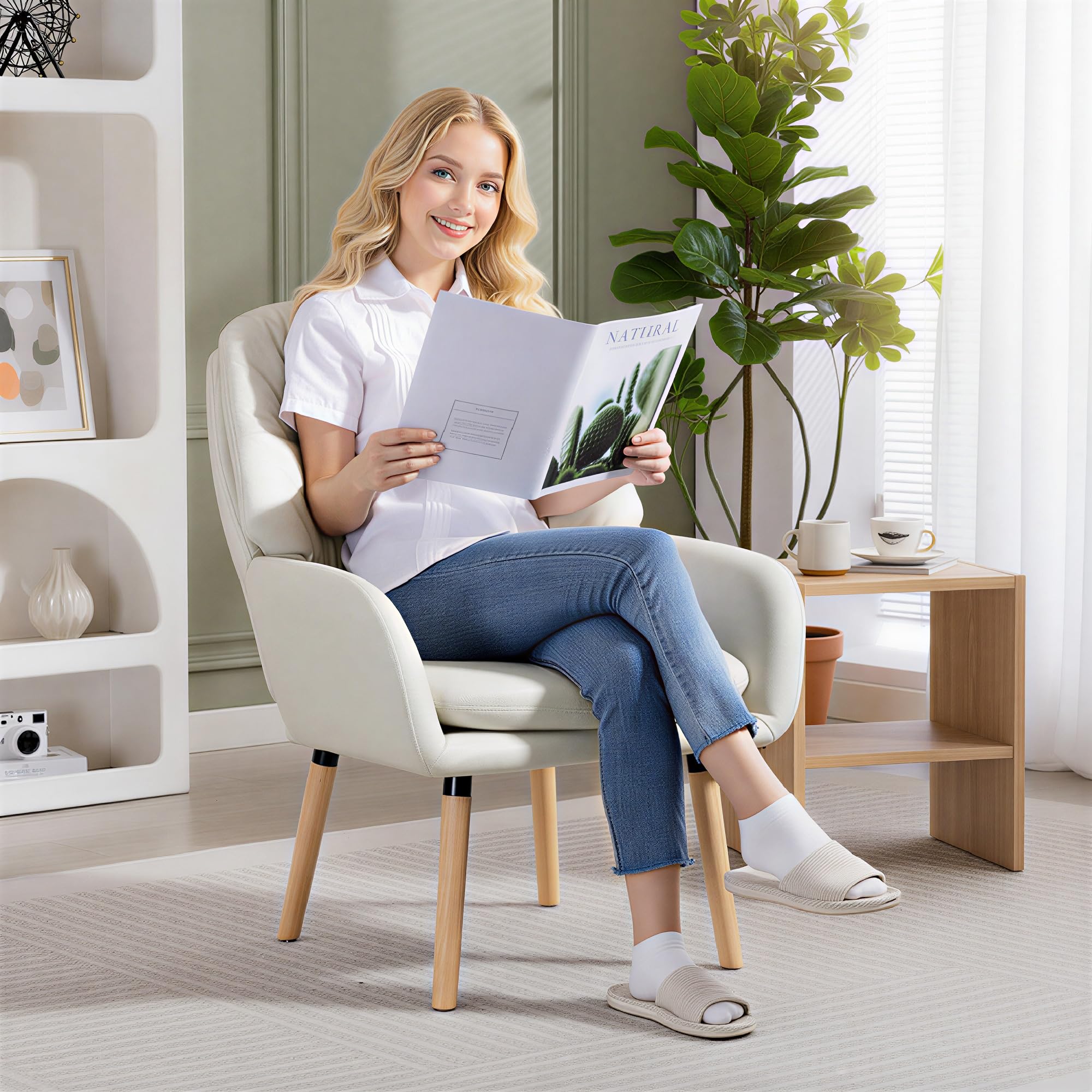 HOMCOM Sillón de Salón Moderno, Butaca de Salón, Acolchado de Doble Capa, Tapizado en Cuero Sintético, Patas de Madera, Sillón de Lectura para Dormitorio, Oficina, Estudio, 68x74x89 cm, Crema