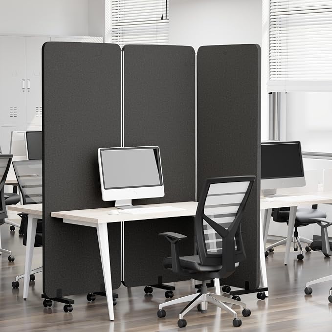 Biombo de Oficina Plegable de 3 Paneles con Ruedas, Divisor de Ambiente Acústico con Marco de Aluminio Gris Oscuro 71 x 66 Pulgadas miniatura 9