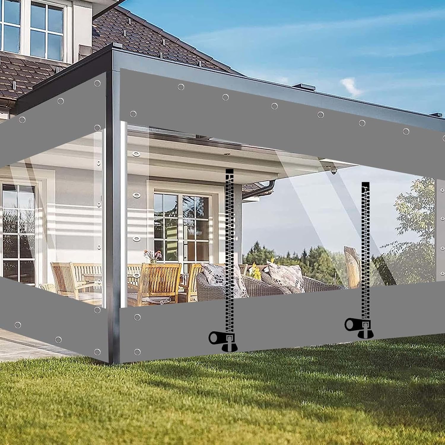 Clear Waterproof Tarp Curtain with Zip Door,Outdoor Pergola Patio Porch Gazebo Grey Transparent Tarpaulin Side Panels,0.3mm Thick PVC Tarpaulin Rain Curtain,with Grommets,W×H-1×0.8m(3.3 * 2.6ft)