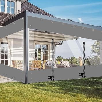 Clear Waterproof Tarp Curtain with Zip Door,Outdoor Pergola Patio Porch Gazebo Grey Transparent Tarpaulin Side Panels,0.3mm Thick PVC Tarpaulin Rain Curtain,with Grommets,WH-1.62m5.2 * 6.6ft