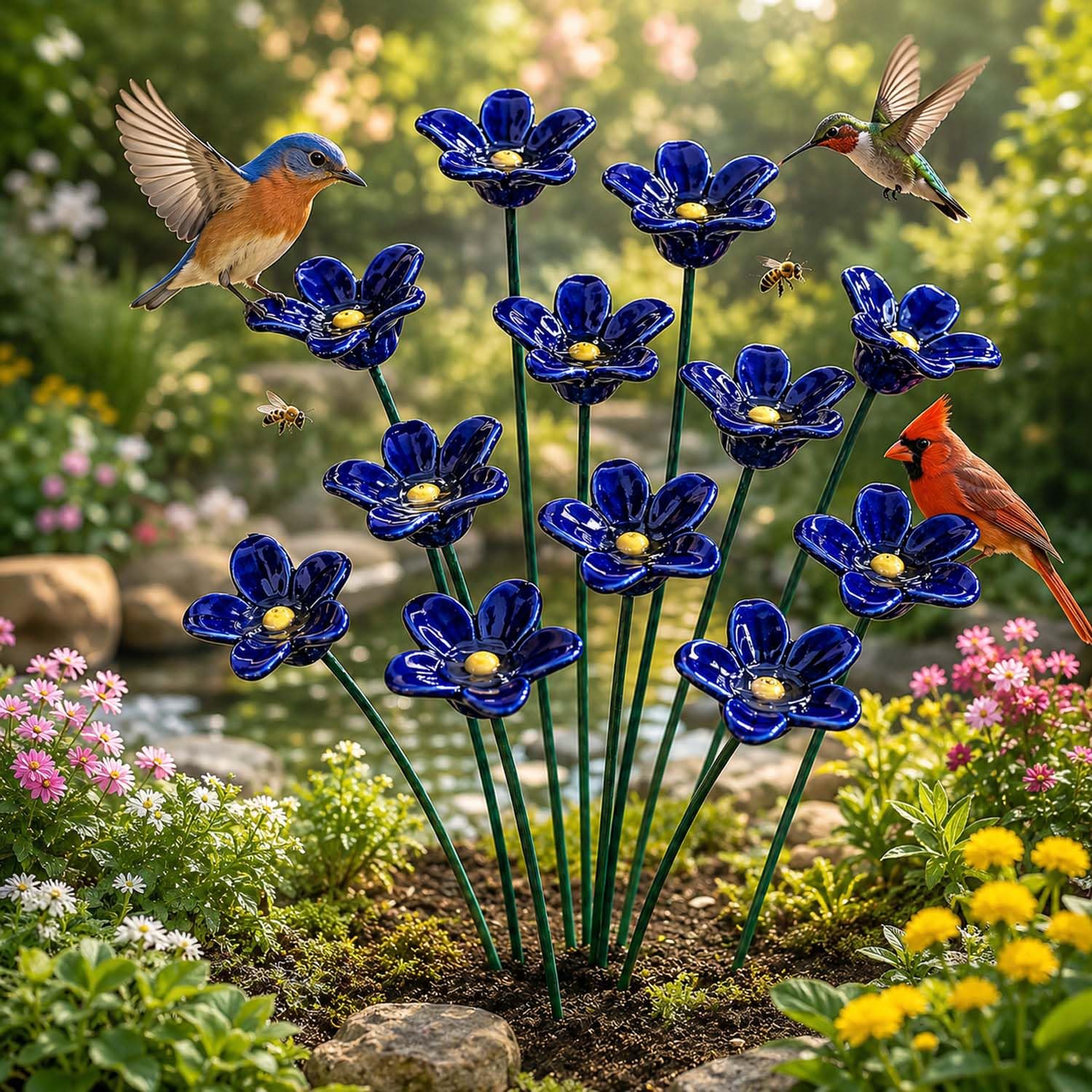 Ceramic Flower Bee Waterer Stakes, Pollinator Drinking Station for Bees & Butterflies, Weatherproof Garden Decor with Multiple Colors (8.6" H) (12 Blue)
