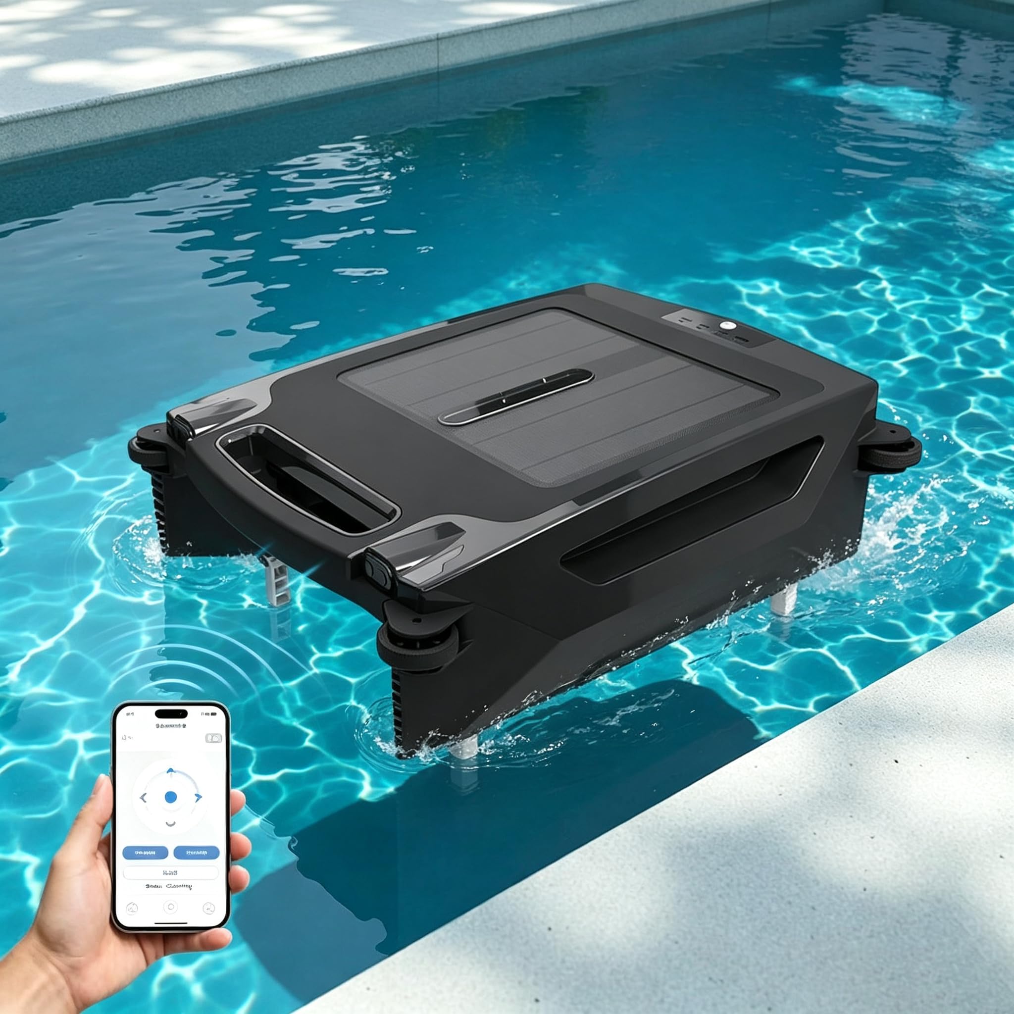 Skimmer Solare per Piscina, Robot per Piscina con Superficie d'Acqua Pulita per 10 Ore, Navigazione Intelligente, Parcheggio Automatico, Due Metodi di Ricarica, per Piscine Domestiche