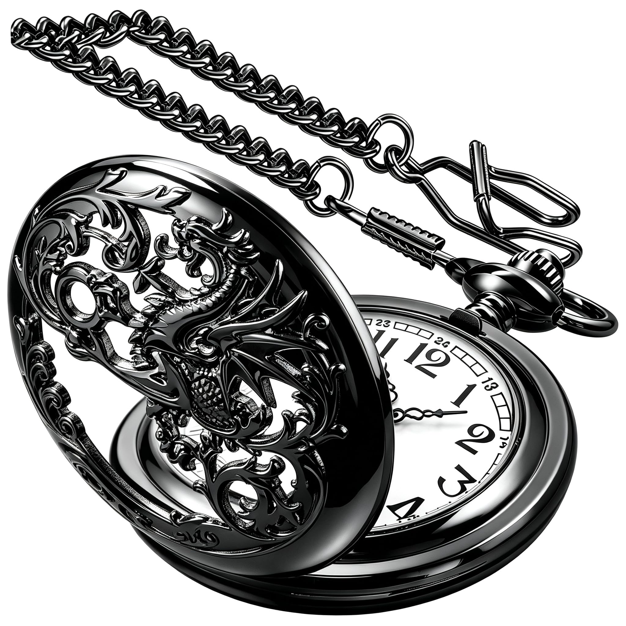 Dragon Quartz Pocket Watches for Men Roman Numerals Pocket Watch with Chain