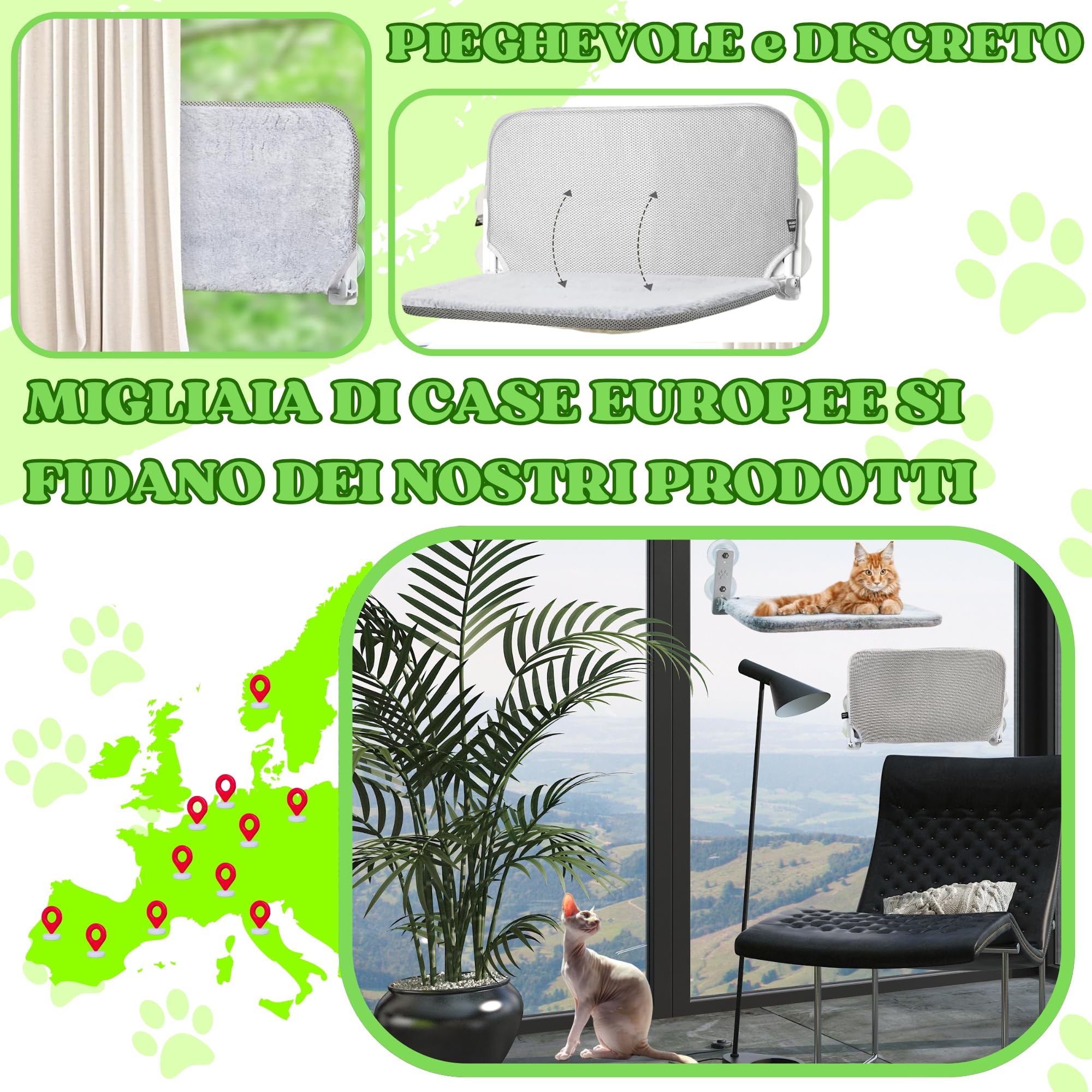 Amaca Gatto Finestra Pieghevole senza Cavi Letto per Gatto con Ventose Stabili Tappeto reversibile con Giocattolo Incluso Codice QR con Istruzioni e Video di Montaggio.