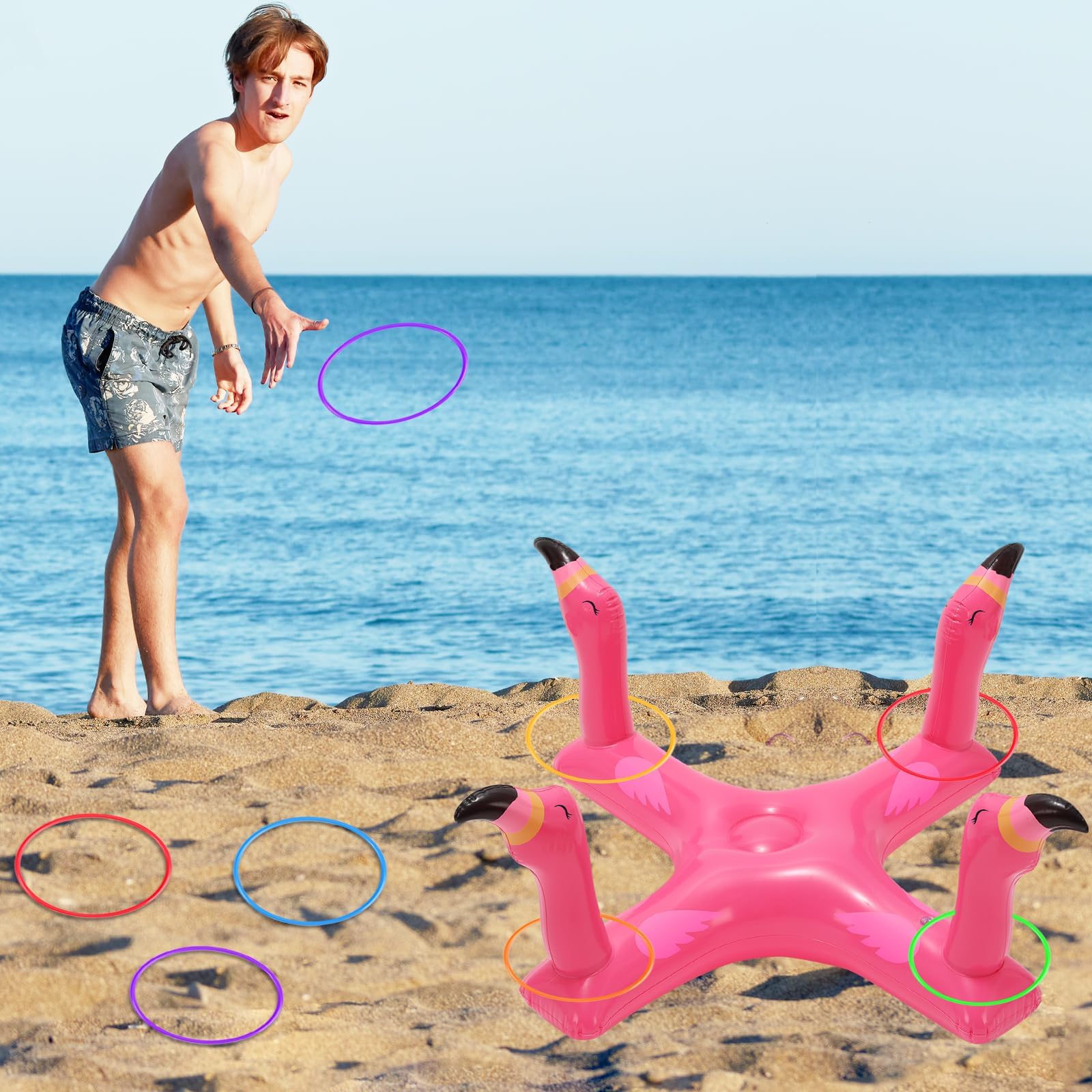 Aufblasbare Poolspielzeug, Flamingo Aufblasbares Wasserspielzeug Set, Schwimmender Werfen-Ferrule Spielzeug, Draußen Outdoor Pool Party Spielzeug für Kinder, Erwachsene, Familien (Rosa)