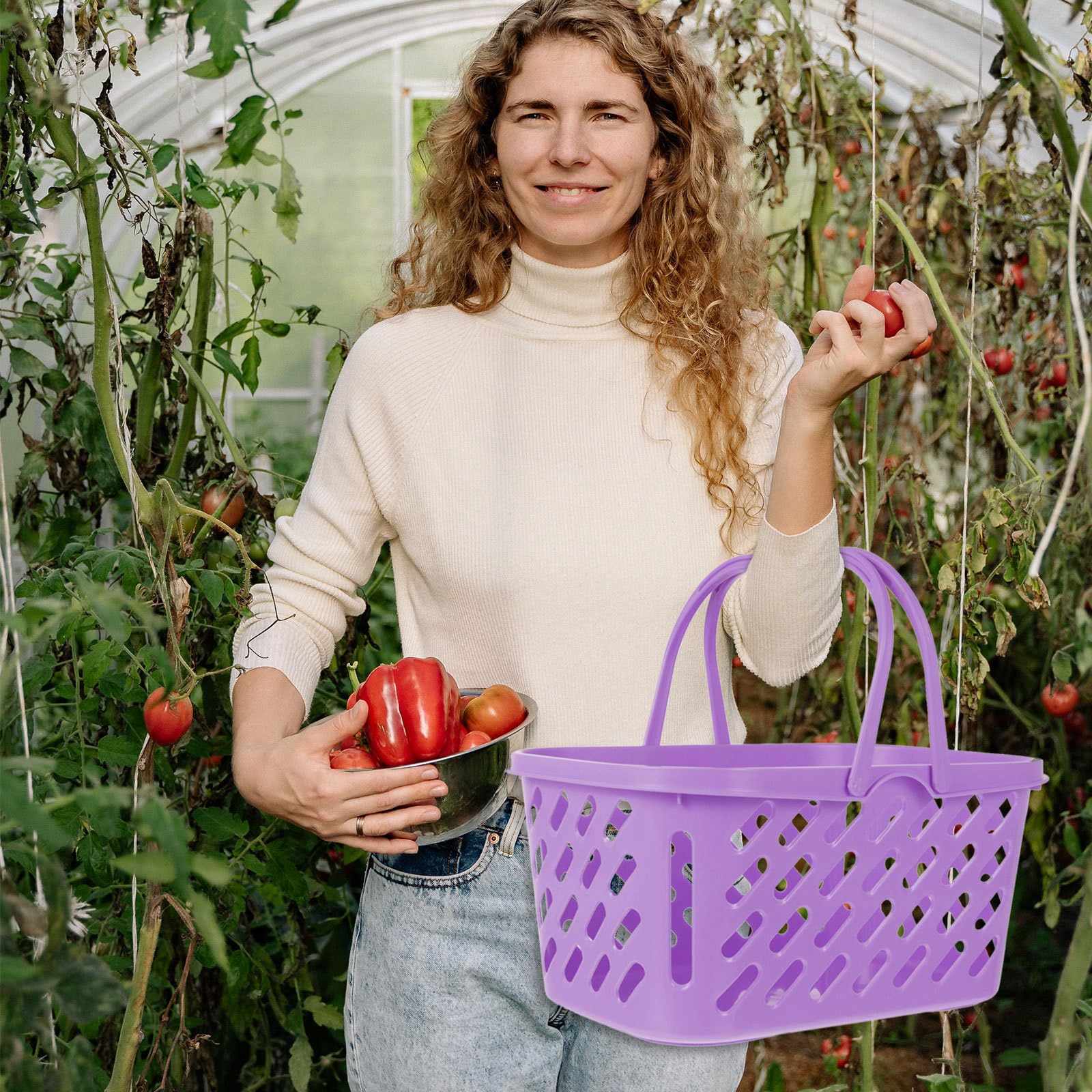 DOITOOL Cesta Compra para Supermercado 6l Pequeña de Plástico Resistente Asas Dobles Morado Cesta Organizadora Práctica para Hogar y Almacenamiento Portátil