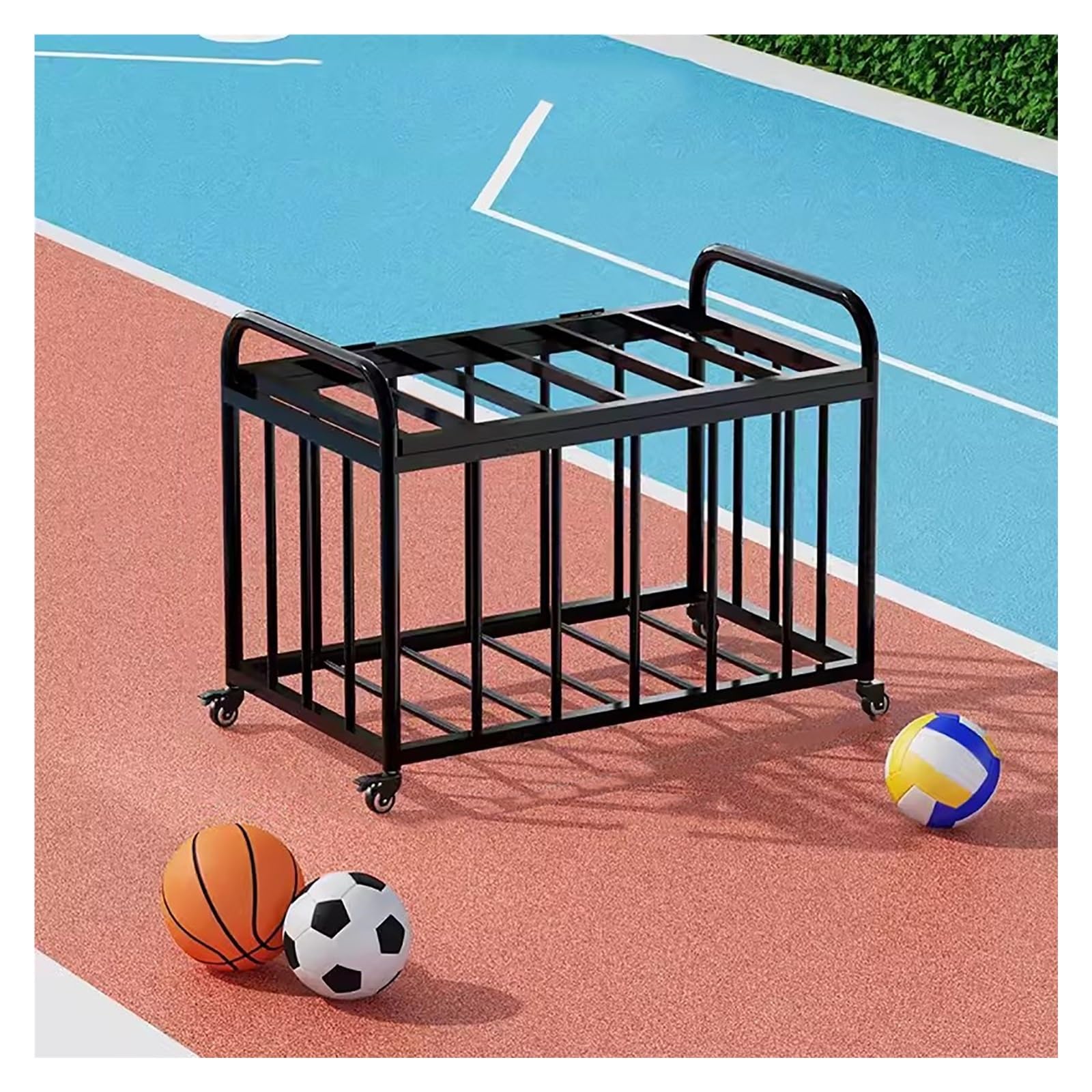 Portaoggetti da basket da esterno arrotolabile, grande carrello a sfera richiudibile, organizer verticale in metallo attrezzatura sportiva, per la palestra di casa garage (M nero (con