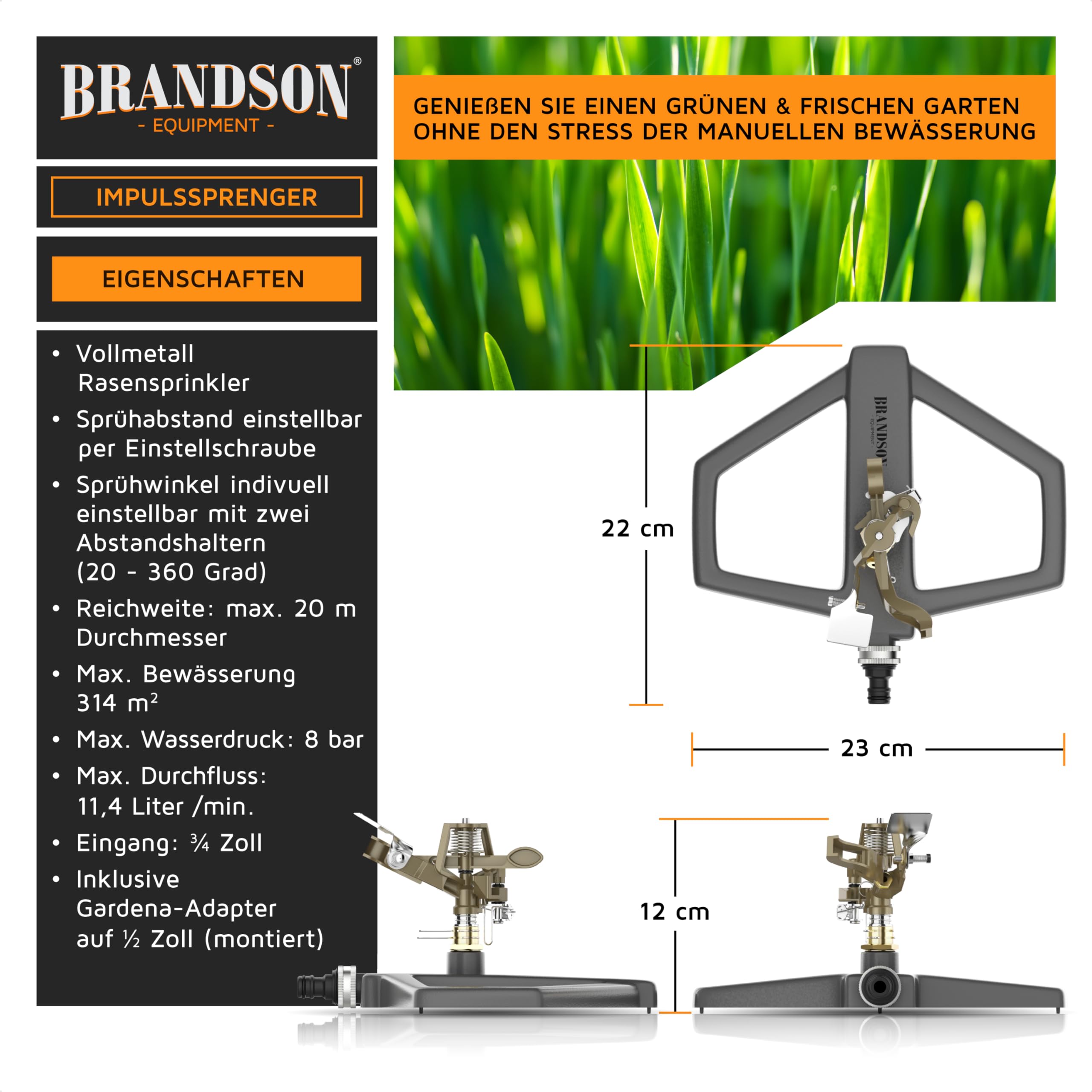 Brandson - Rasensprenger Impulsregner Metall – Intervall Sprinkler – Kreisregner – große Flächen bis 314 m2 – 20 m Reichweite - Bewässerungssystem – Schnellkupplung 3/4 Zoll auf 1/2 Zoll