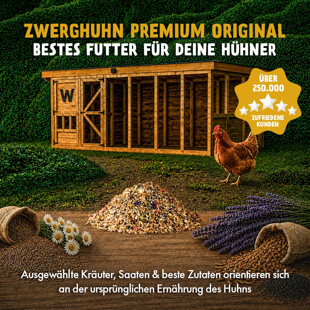 hühnergold Zwerghuhn Premium 20kg (2x10kg) Alleinfutter | Mit Kräutern, Blüten & Insektenprotein – Alleinfutter für Zwerghühner für Vitalität, Verdauung & ausgewogene Ernährung