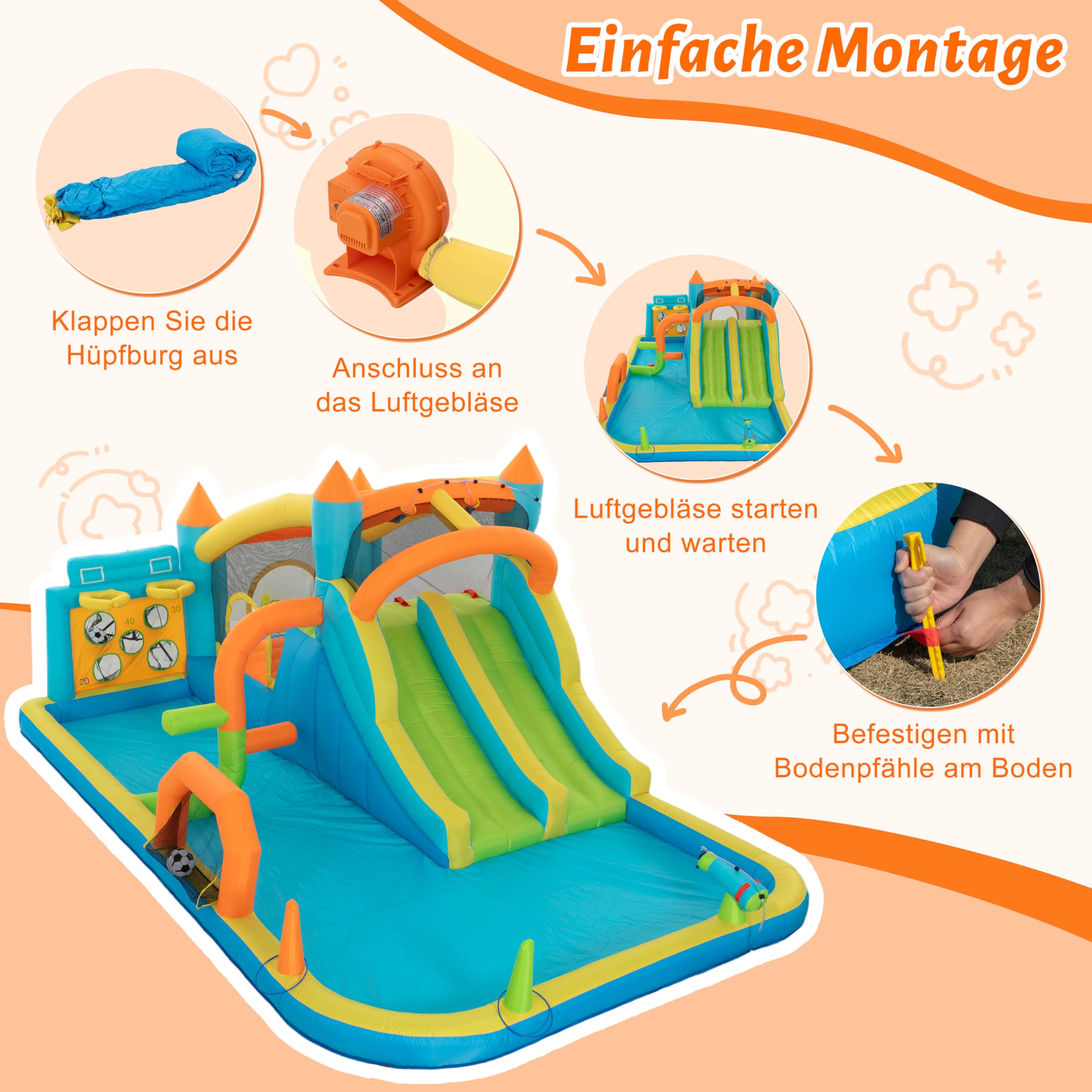 UEV Aufblasbarer 9-in-1 Hüpfburg XXL mit Gebläse,EN 71-1/2/3,515x320x216cm | Trocken-/Wasserdoppelrutsche, geeignet für Kinder von 3 bis 10 Jahren, Children's Bouncy Castle for Indoor or Outdoor use