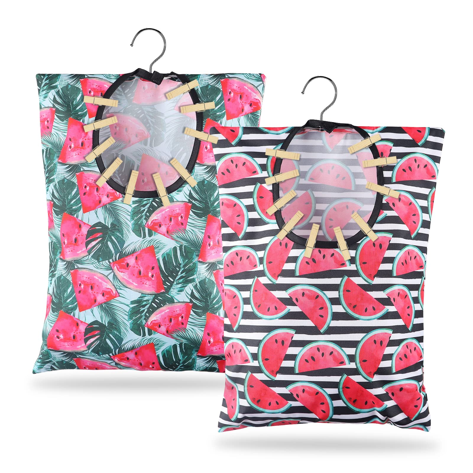 2 Pcs Watermelon Clothespin Bag with Hanging Hook 15 X 11 Inch Watermelon Laundry Canvas Clothes Pin Holder Waterproof Clothespin Bag Clothespin Storage Organizer with A Large Opening (Watermelon)