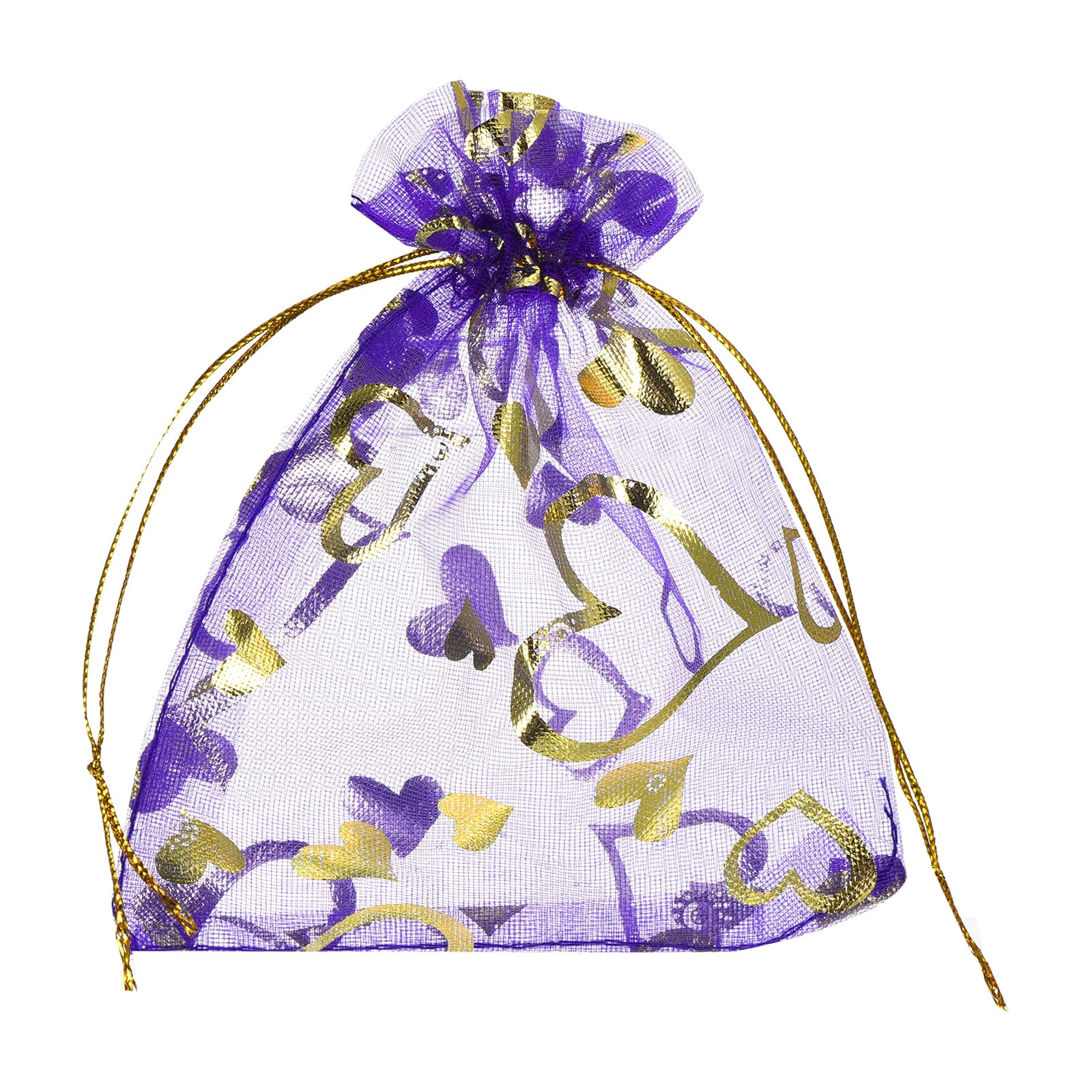 sourcing map Organza Bag 13 x 18cm, Sheer Heart Mesh Bags Drawstring Gift Bags Bulk Party Favor Bag Jewelry Pouches for Wedding Candy Valentines (Light Purple-Gold, Pack of 100)