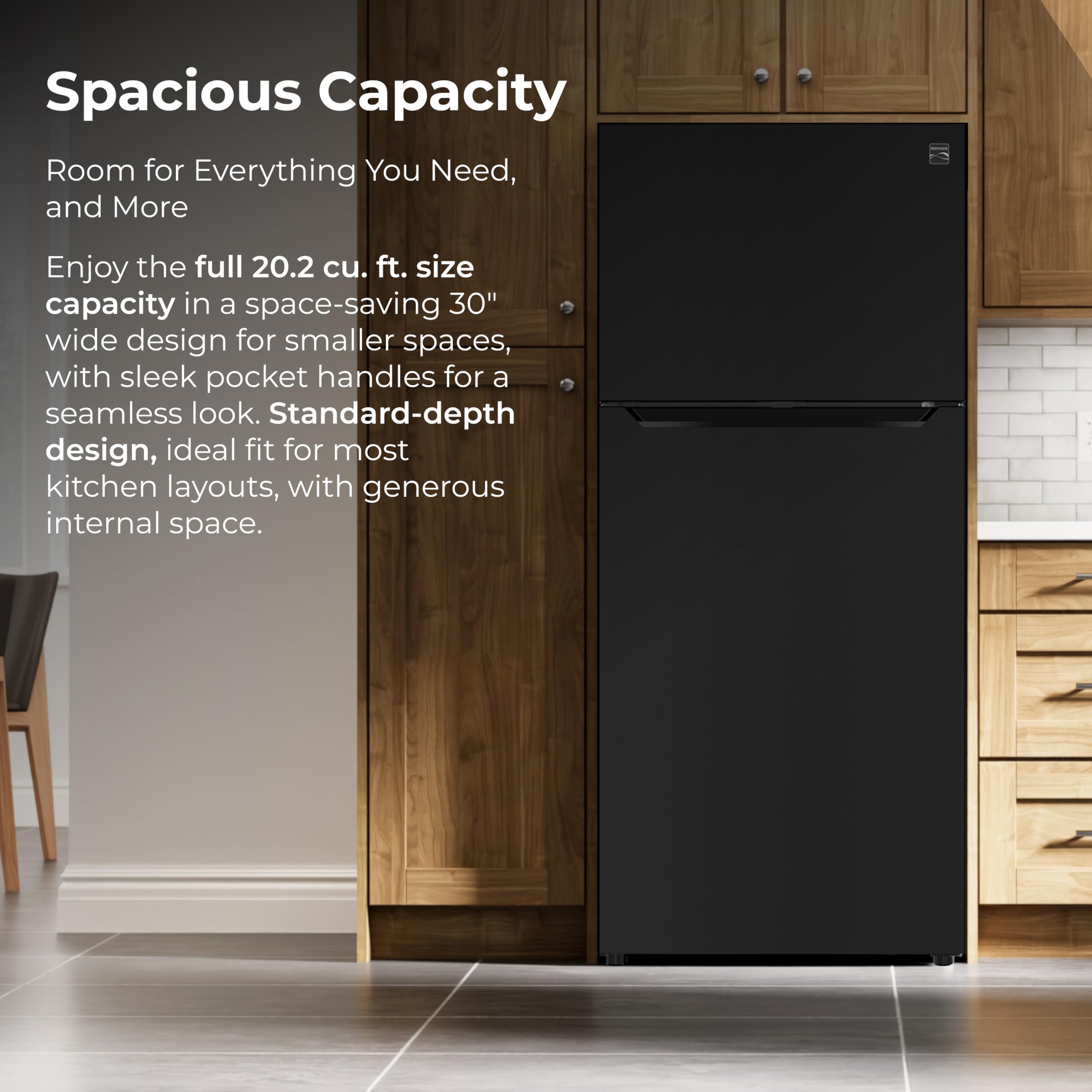 Kenmore 30" Top Mount Refrigerator with Freezer - Adjustable Shelving, Humidity-Controlled Crispers, LED Lighting, ENERGY STAR Certified, Garage Ready, 20.2 cu. ft. Capacity - Black on Fridge.com