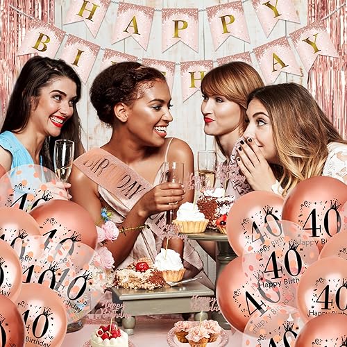 Miniatura 7 de Decoraciones de cumpleaños número 40 para mujer, juego de 127 piezas de suministros para fiesta de cumpleaños de 40 años, incluye pancarta de feliz