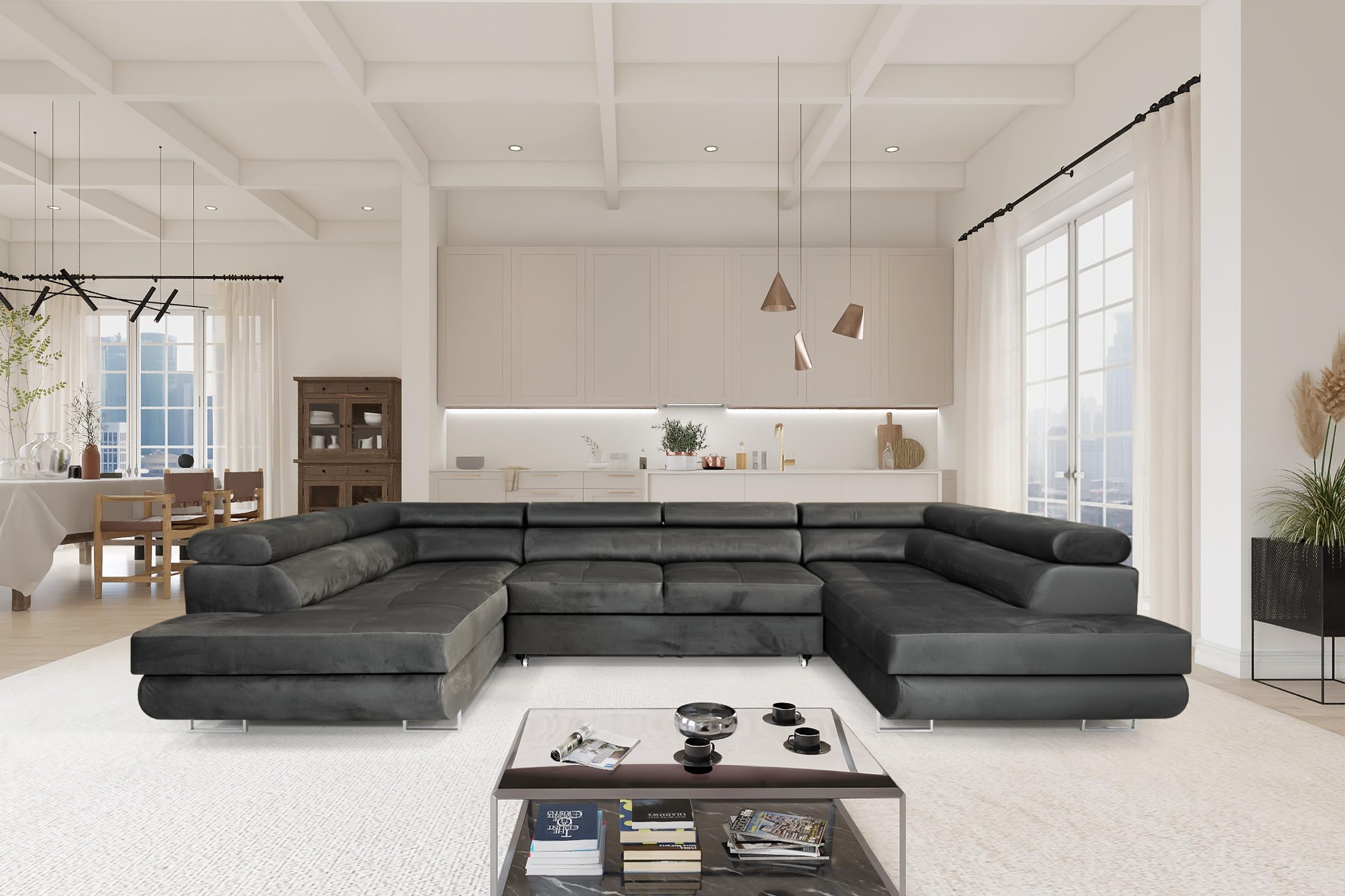 Ecksofa mit Schlaffunktion Big PASTI U-Form, Sofa Couch mit Bettkasten, 3-Sitzer Eckcouch, Schlafsofa für Wohnzimmer, Big Sofa Couch mit Schlaffunktion (Dunkelgrau)