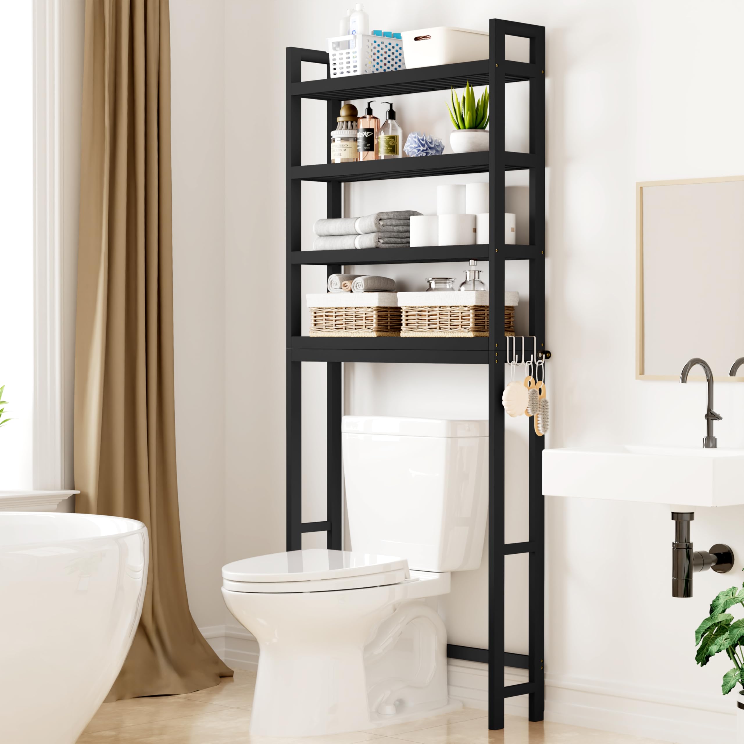 Smiry Bamboo Over The Toilet Storage Cabinet, 4 Tier, Black