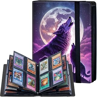 Trading Card Binder,4 Pockets Leather Card Binder 20 Sheets Band Closure Card Storage Case Holds up to 160 Cards Fit for TGC, MTG,Sports Cards,Small Card Collection Binder,Cool Wolf Moon