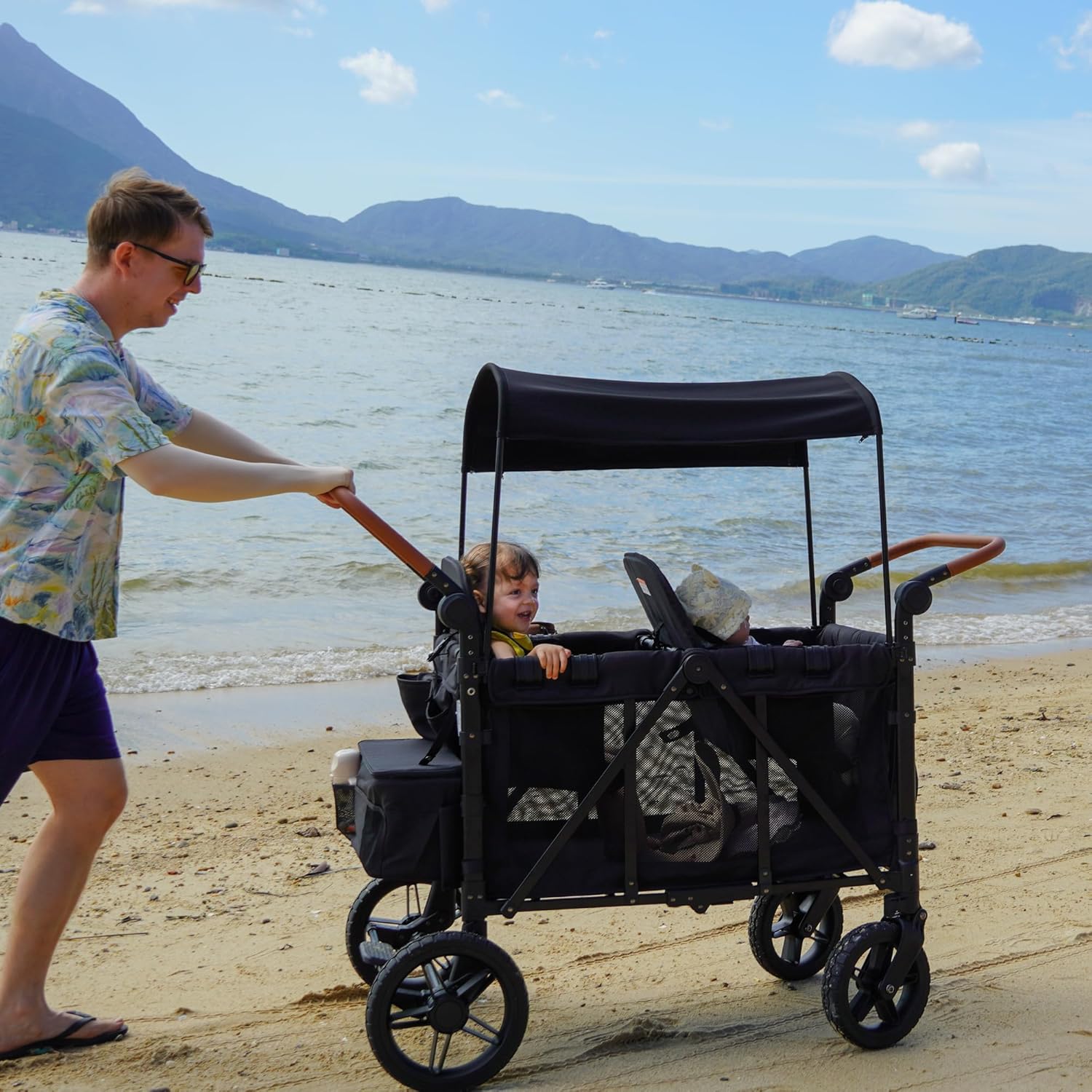 Foldable Wagon Stroller for 4 Kids, All-Terrain Wagon with 5-Point Harness, Canopy,high Seats Insulated Snack Pack, Adjustable Handle, Parent Organizer for Outdoor Use (Black)