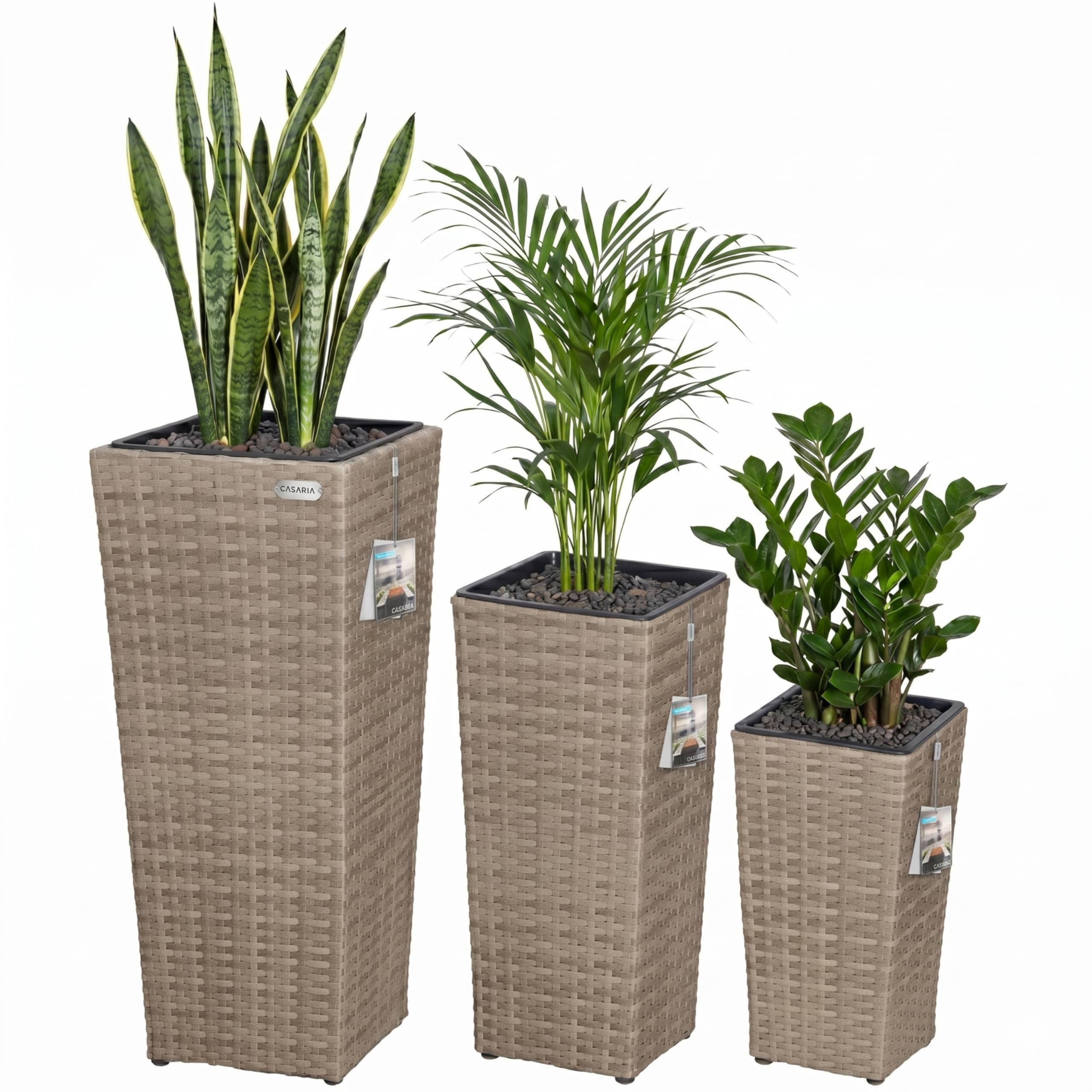 CASARIA® 3x Rattan Plant Pots | Cream Flower Box Set | Water Drainage with Lock | Wicker Look Indoor Outdoor Flower Boxes | Entrance Decoration