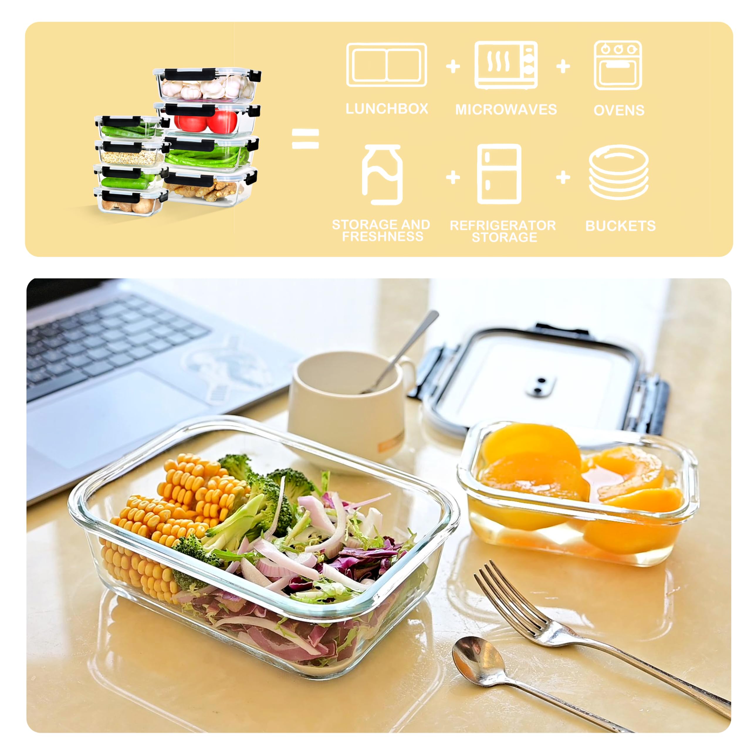 ERUIV Set di contenitori in vetro, contenitori per alimenti per cucina e ristorante con coperchi in plastica di alta qualità, ermetici, a prova di perdite, riutilizzabili, senza BPA (8 contenitori)