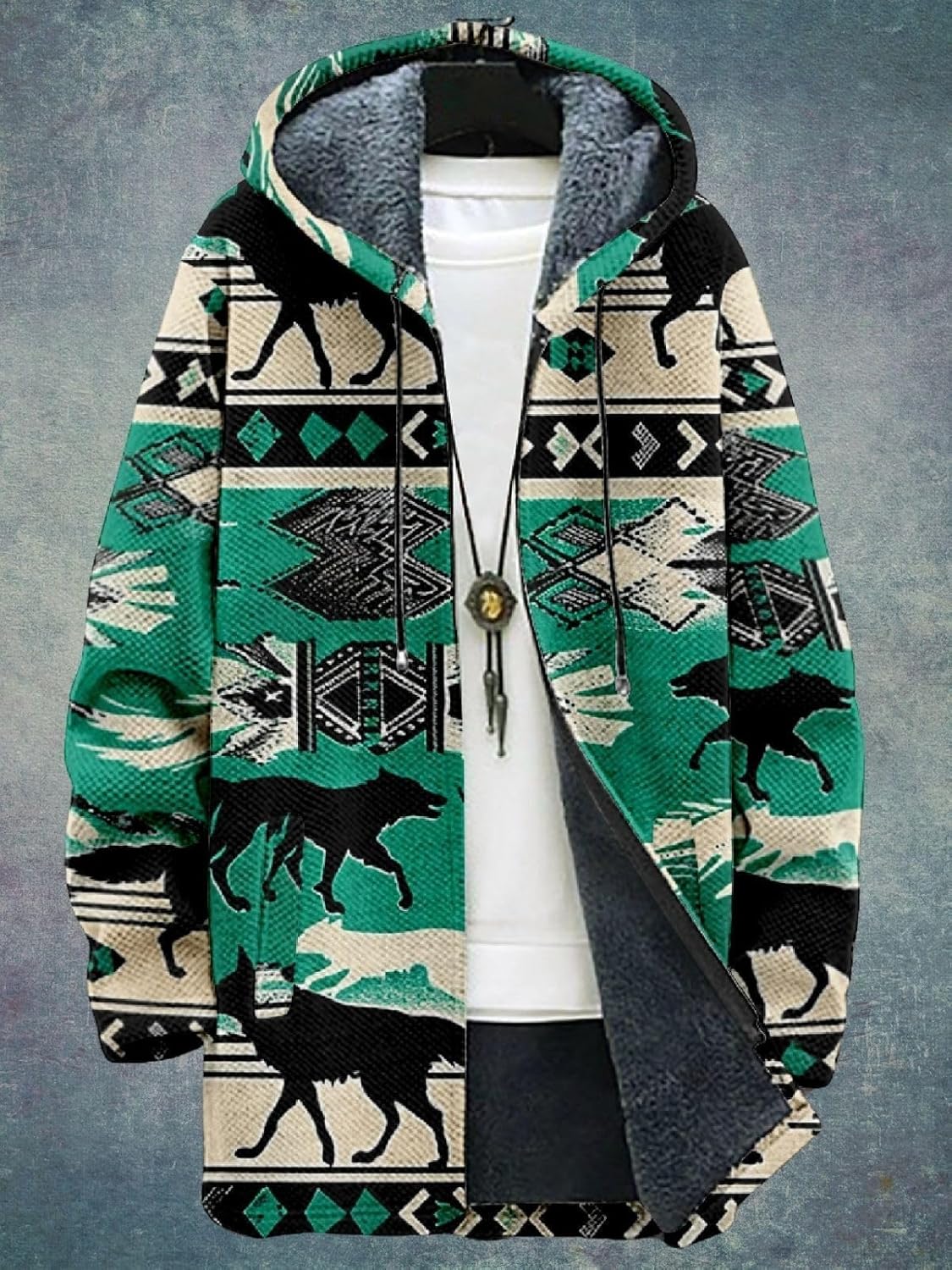 2025 Men's Ethnic Pattern Hooded Jacket Long Cardigan Hoodies Full Zip Vintage Knitted Zipper Coat with Pocket - Image 5