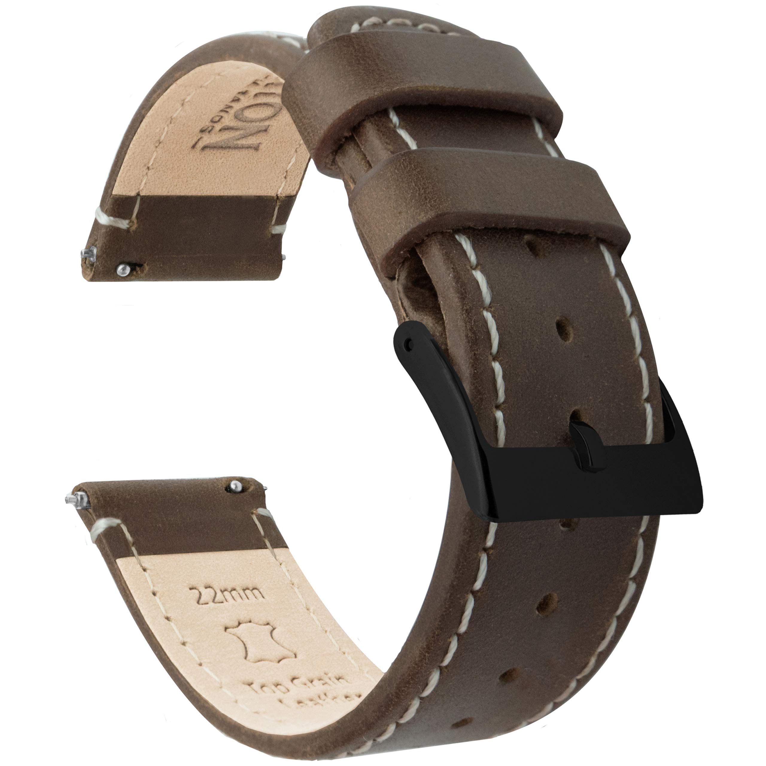 BARTON WATCH BANDS 18mm Saddle/Linen Stitching Quick Release Leather Black Buckle Watch Band Strap