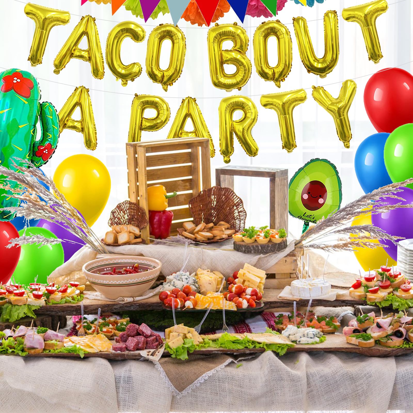 Fiesta Party Balloons Pack - 6 Mexican Theme Decorations With Cactus, Avocado & Taco Designs