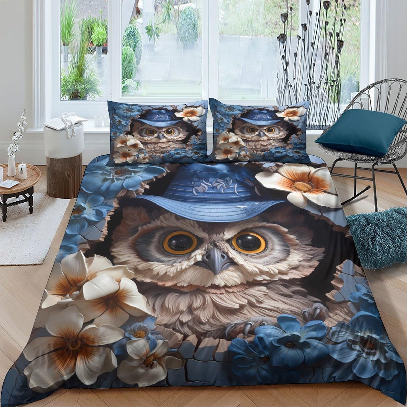 Ctjqhvkz Style-4 3D Printed Owl Art Fitted Sheet Microfiber Soft Blue Floral Bed Cover For Bedroom Guest Room Dorm Decor Single（135X200cm）