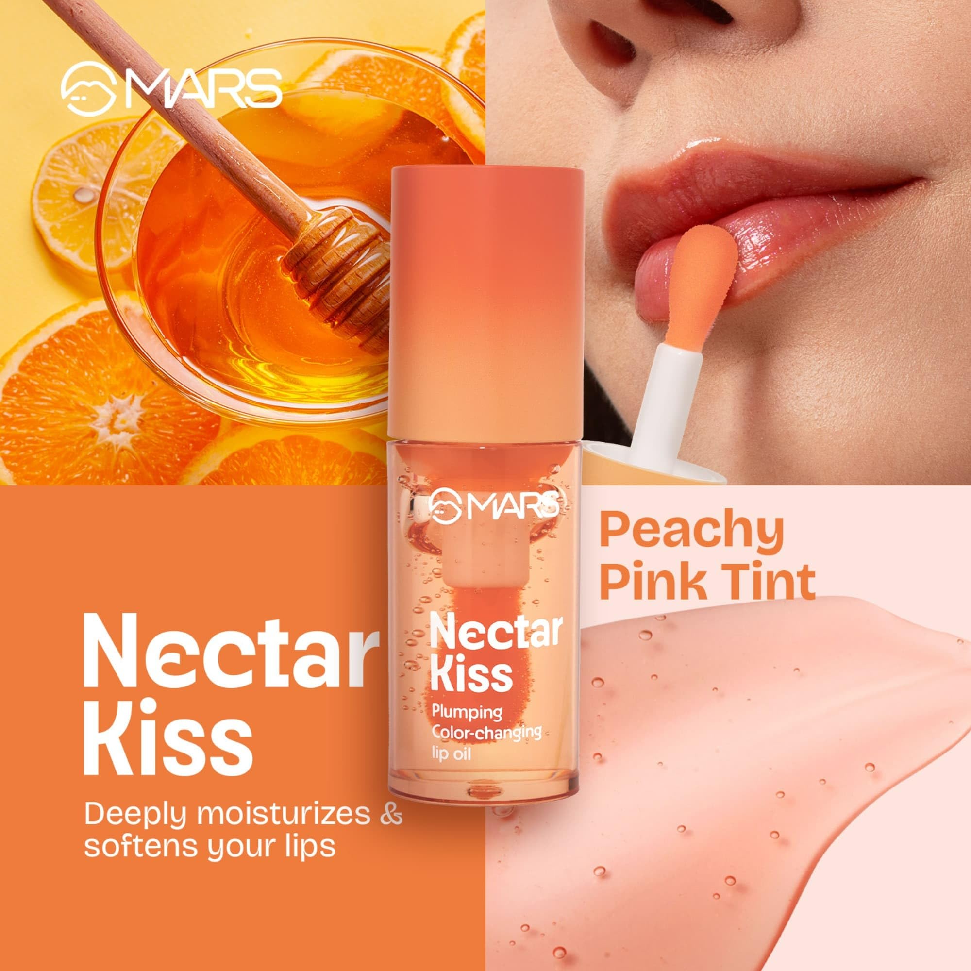 MARS Plumping Color Changing Lip Oil (4.5ml) (NECTAR KISS) With Fat Applicator | Skin Nourishing Ingredients - Olive Fruit Oil, Jojoba Oil | Hydrating & Moisturising | Plumping Effect - Image 2 thumbnail