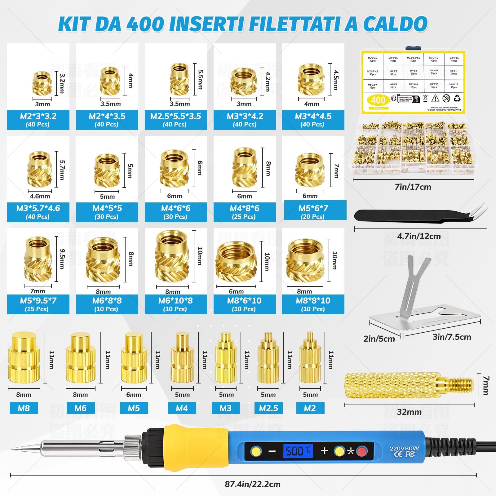 Inserti Filettati 400 pz con Saldatore 80W, Temperatura Regolabile 180–500°C, 7 Punte, M2/M2.5/M3/M4/M5/M6/M8 per Stampa 3D e Plastica