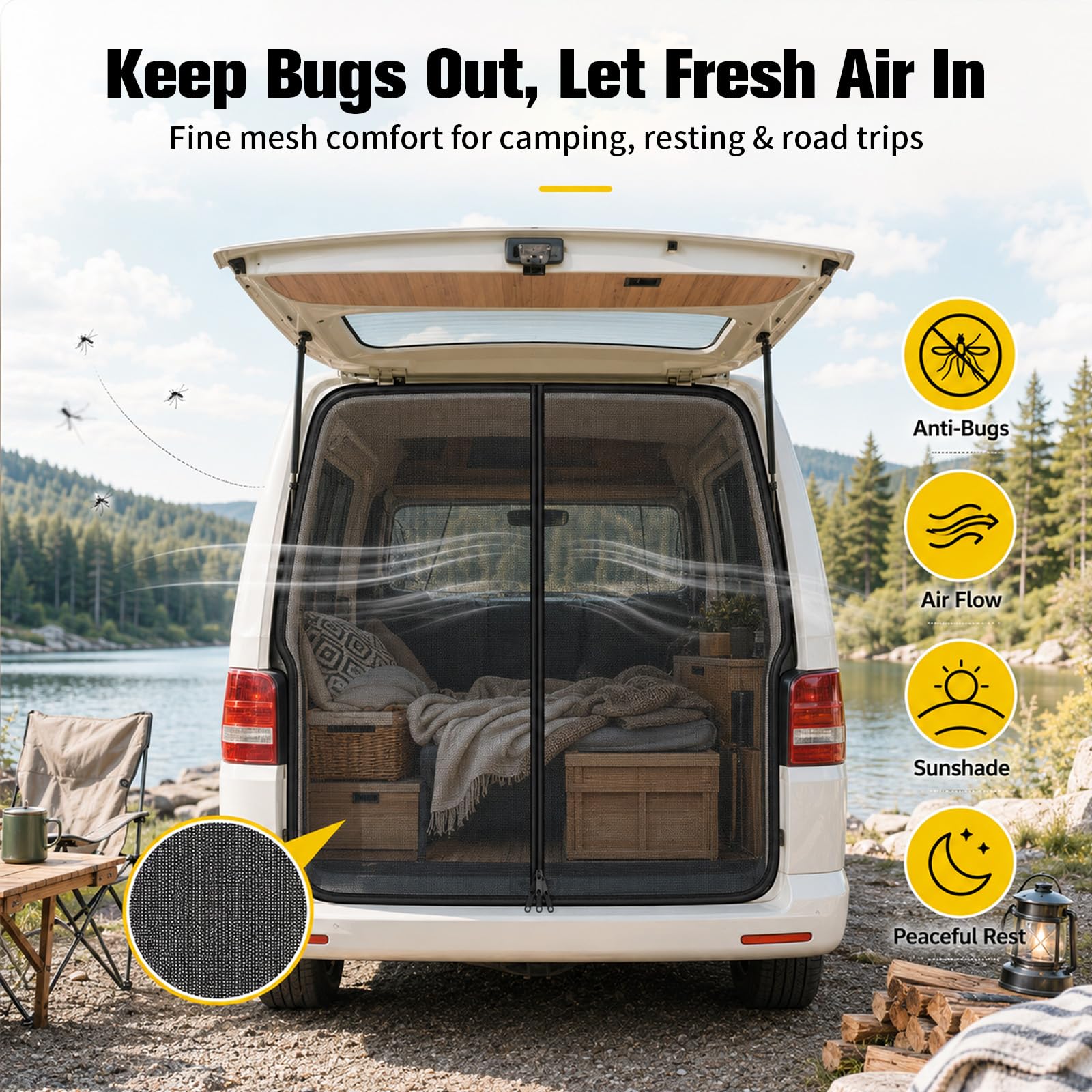 Moskitiera na tylną klapę, 146 x 155 cm, do VW T5 T6 – magnetyczna moskitiera z 3 zamkami błyskawicznymi, ochrona przed owadami, ochrona przed słońcem, zasłona oddzielająca, ochrona przed wzrokiem do