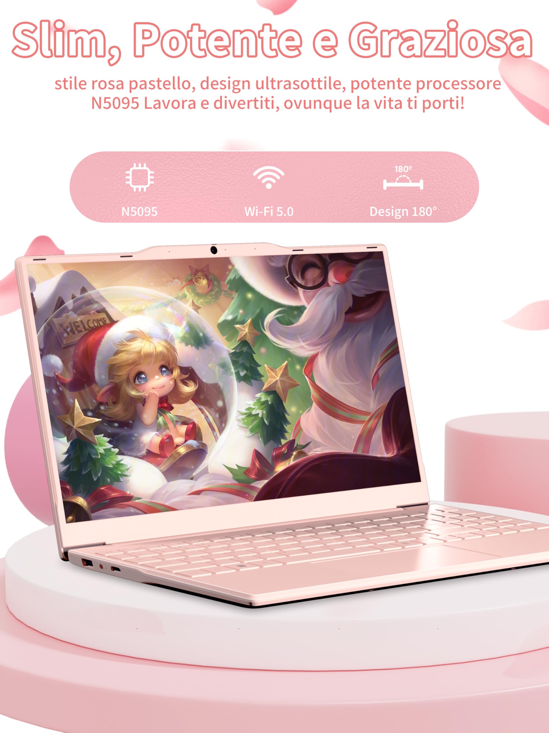 Amita Notebook 14 Zoll Pastellrosa mit N5095 Prozessor (bis zu 2,9 GHz), 16 GB DDR4-RAM, Tastaturhülle ITA, USB3.0, BT5.0, Mini-HD, physische Privatsphäre-Taste Webcam. (GB, 256)