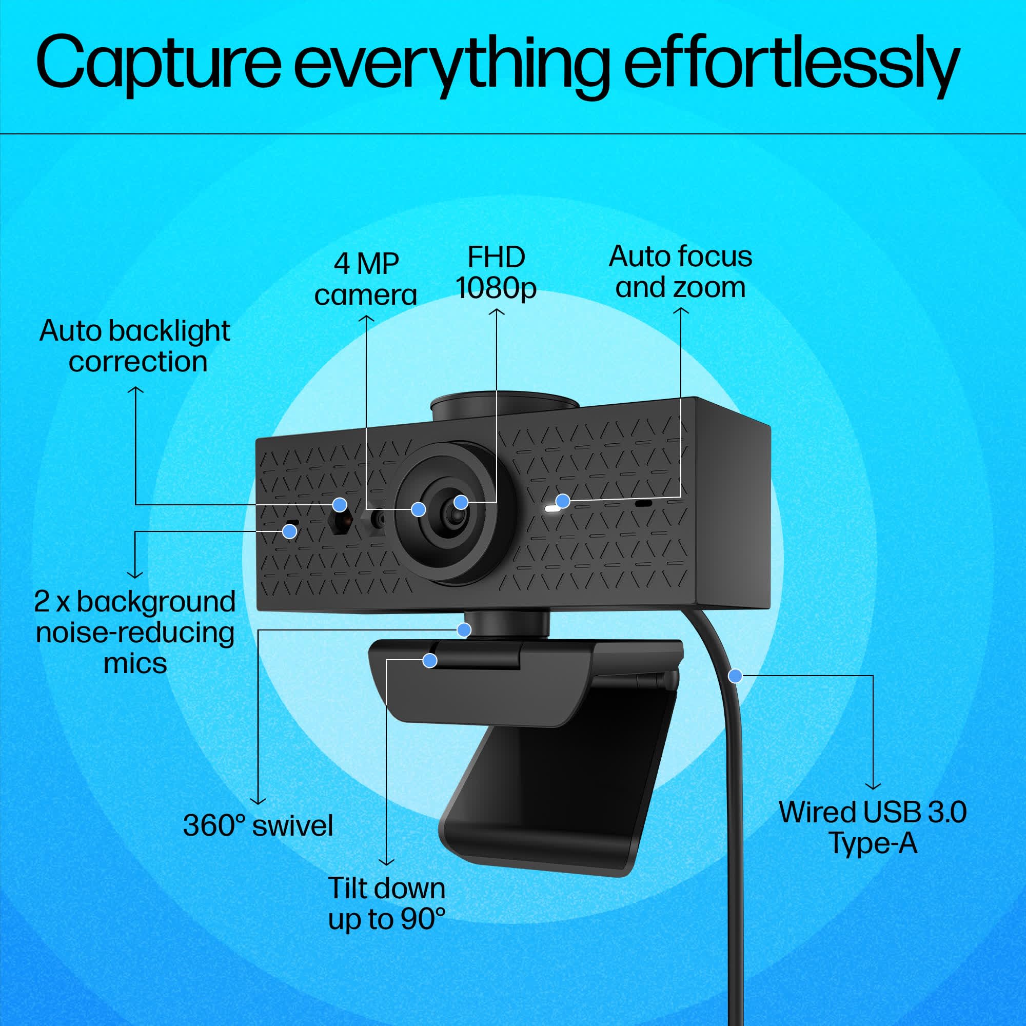 HP 620 FHD Webcam, Wired USB 3.0 Type-A, FHD 1080p, 2 x