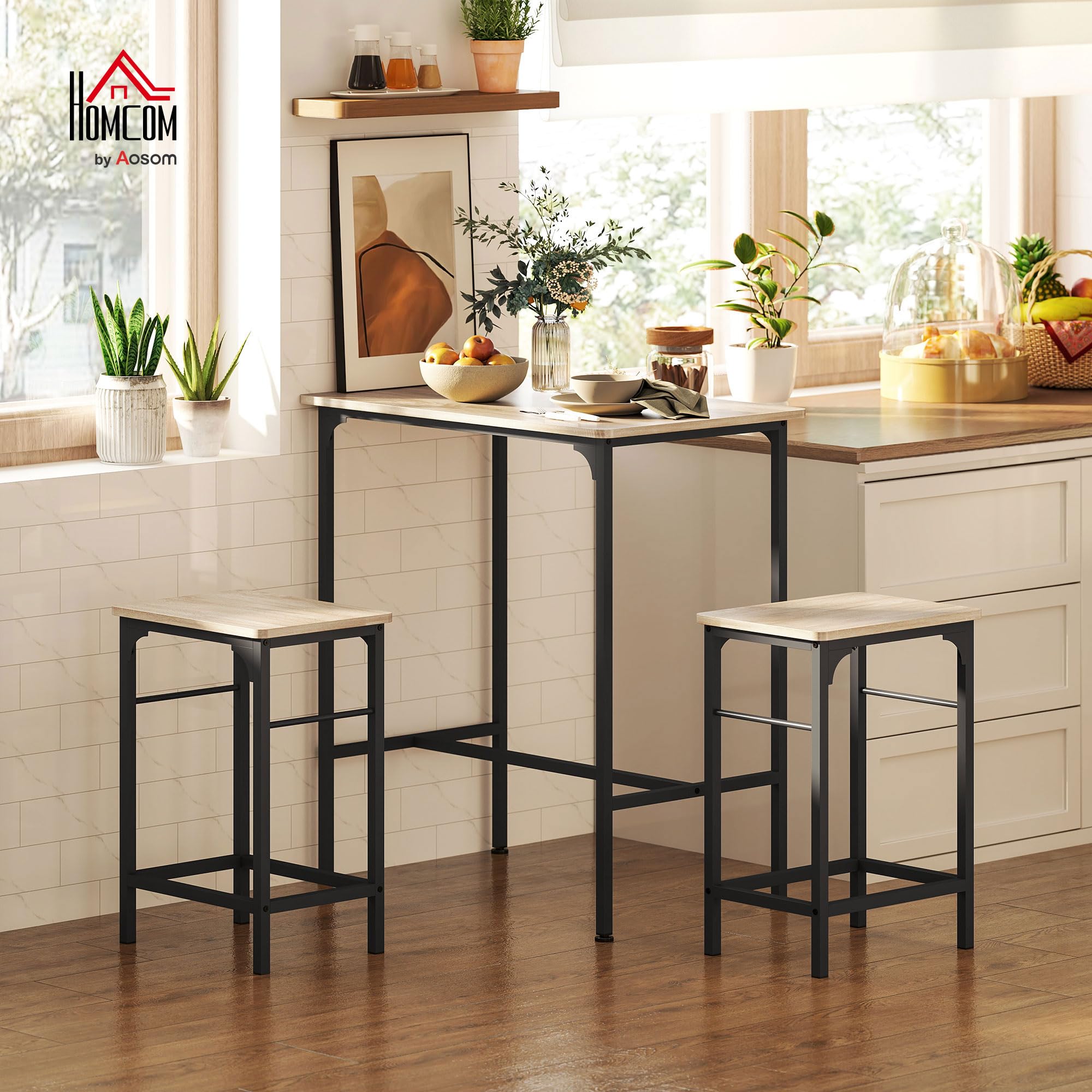 HOMCOM - Conjunto de Mesa de Bar con taburetes, Mesa de Comedor de pie con 2 sillas de Bar, Marco de Acero para Cocina, Comedor y Sala de Estar, Efecto Madera Natural