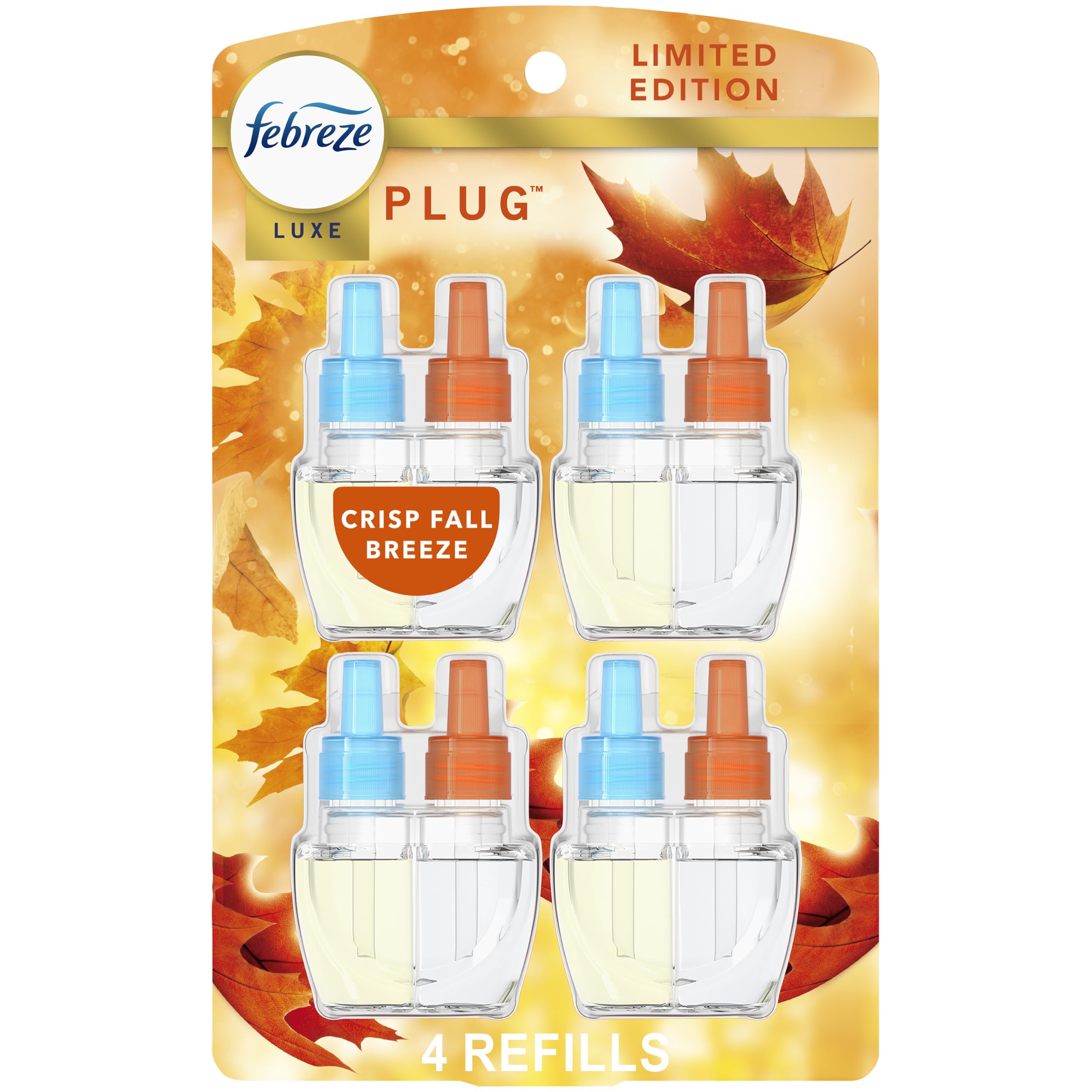 Febreze Odor-Fighting Plug in Air Freshener, Scented Oil Refill, Crisp Fall Breeze Scent, 4 Refills