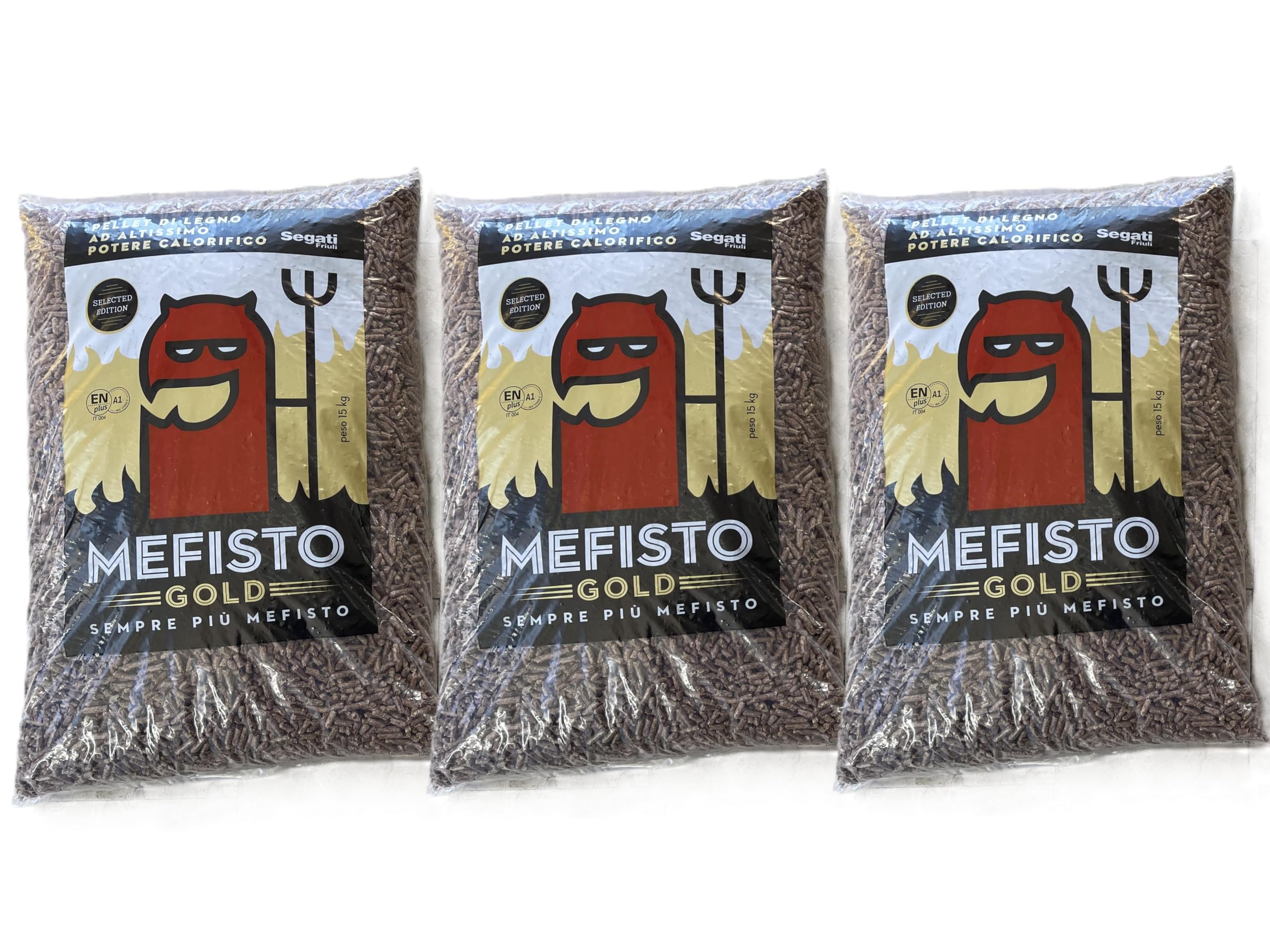 MEFISTO Pellet di Faggio MADE IN ITALY al 100% 3 sacchi da 15 kg. TOTALE 45 KG.