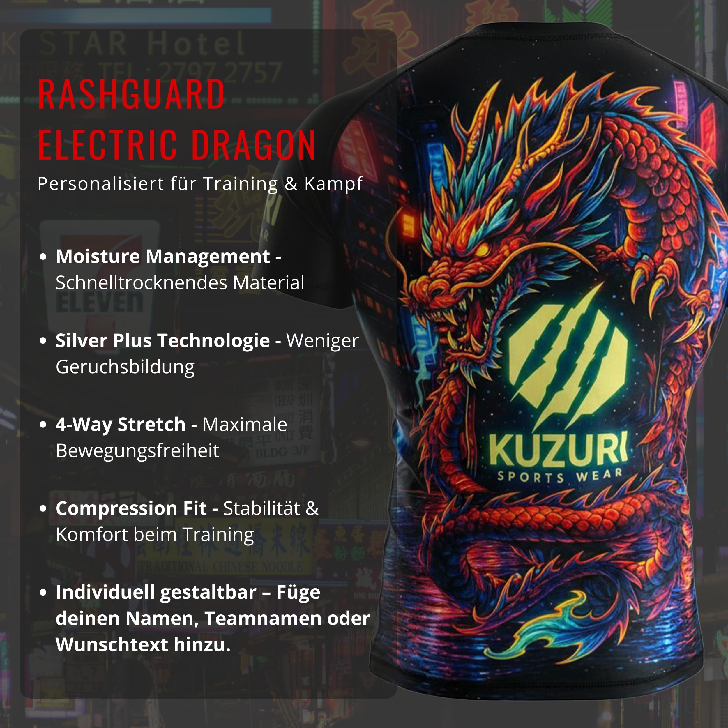 KUZURI Rashguard Herren BJJ Kurzarm – Personalisiertes MMA Compression Shirt für No-Gi, Grappling & Kickboxen – Atmungsaktives T-Shirt mit Drachenmotiv