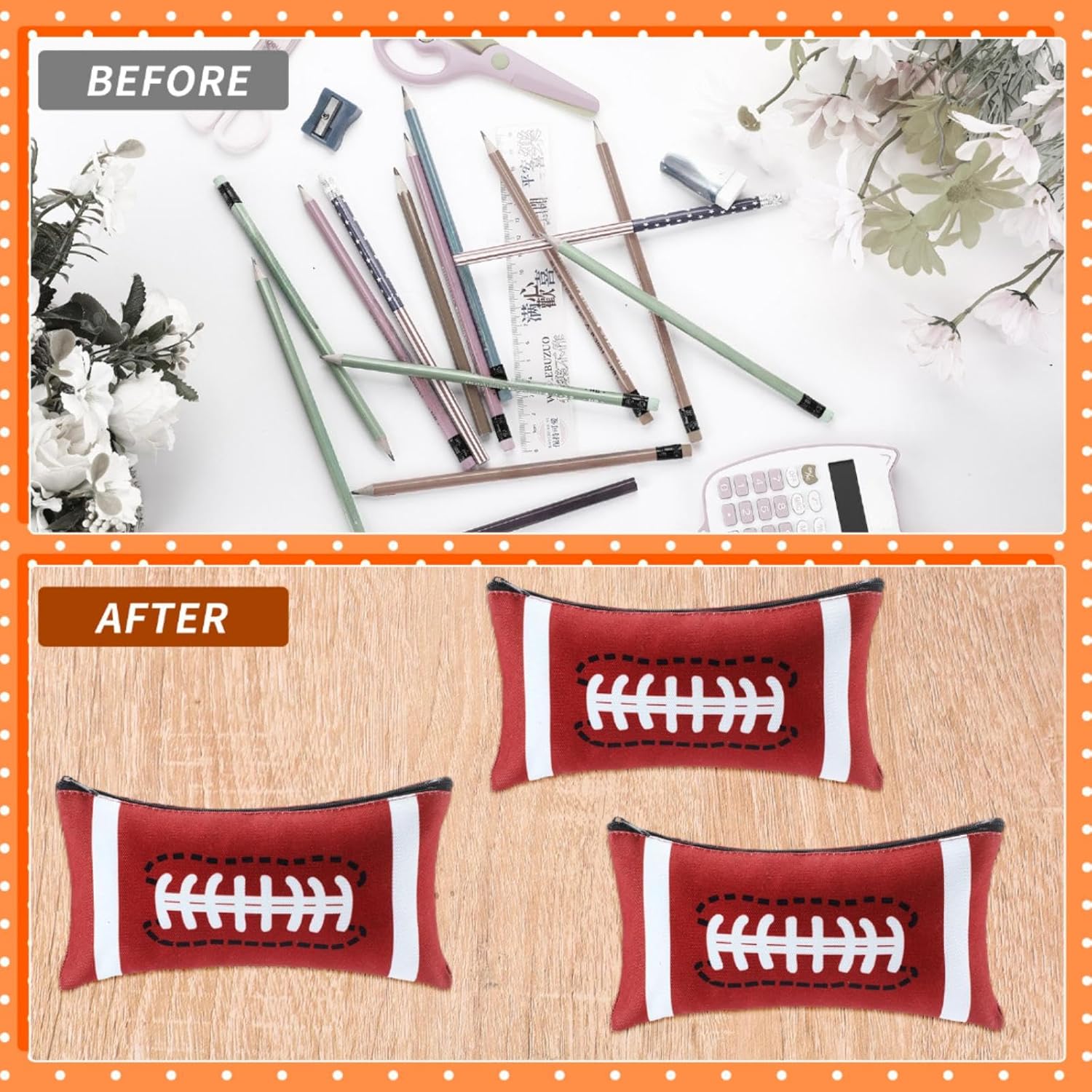 TecUnite 20 Pcs Football Pencil Bags Sports Football Pencil Pouch Bulk Ball Zipper Bags for Organizing Portable Sports Themed Party Kids School Classroom Office Travel Supplies