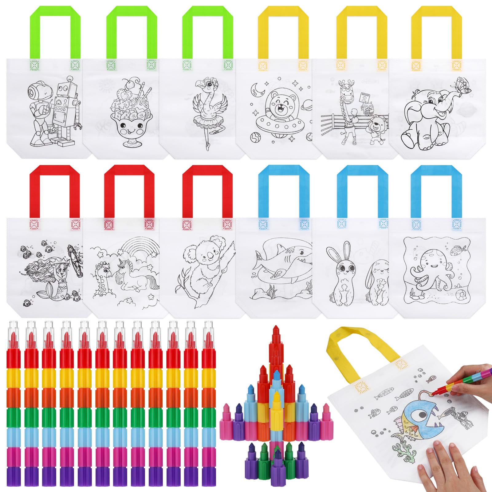 12pcs Graffiti Coloring Bags and 12 Stackable Wax Pencils (7 Colors in 1), Children's Bags Coloring Graffiti for Birthday Gifts Children School