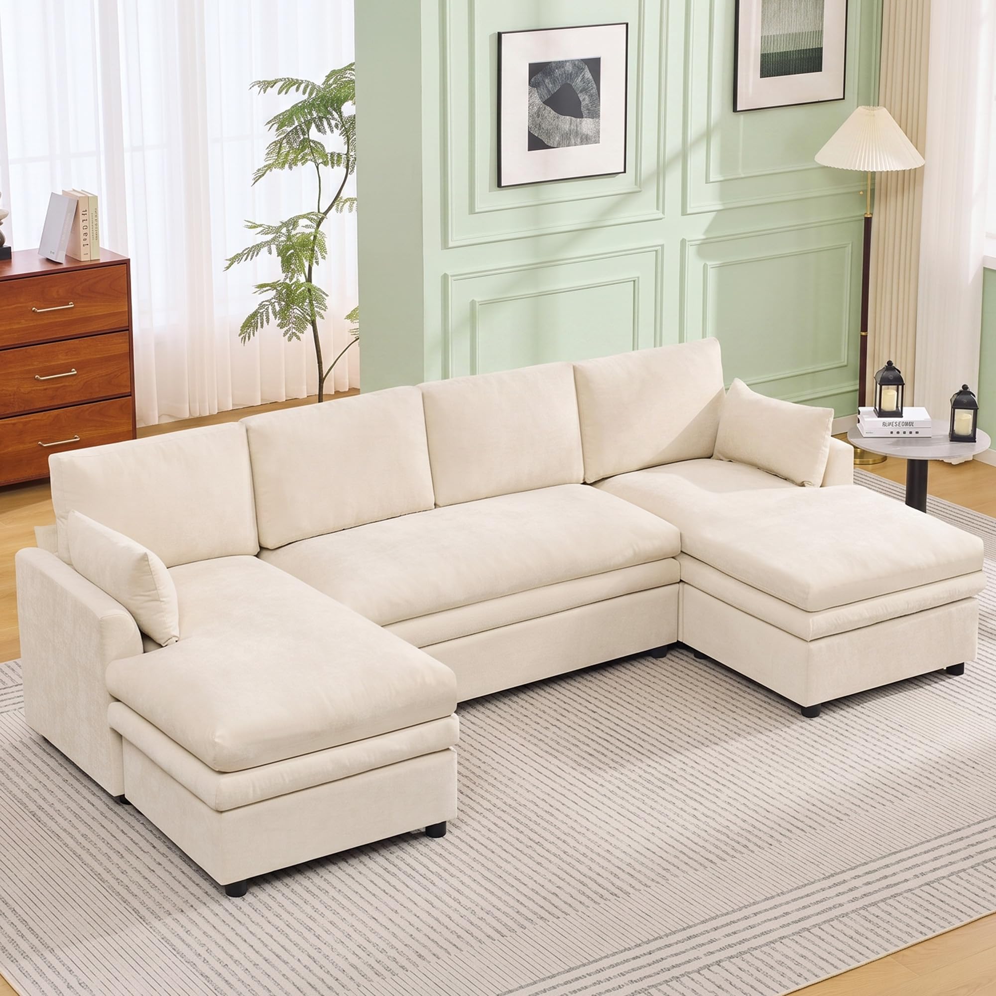 110" Sectional Couches with Double Chaises, Comfy Deep Dual-Layer Cushion Couch, 6 Seater U Shaped Couch, Modern Modular Sofa, Chenille Sofas for Living Room, Apartment, Beige