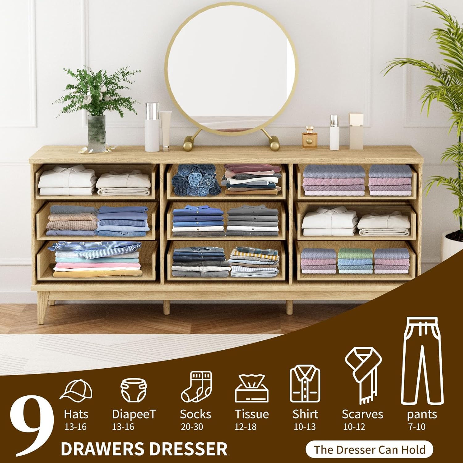 SHGJ&SOFT Fluted Dresser for Bedroom with 9 Drawers, 56.7" Wide Chest of Drawers, Gold Handle, Dresser TV Stand, Modern Wooden Dresser, Storage Organizer for Bedroom, Living Room