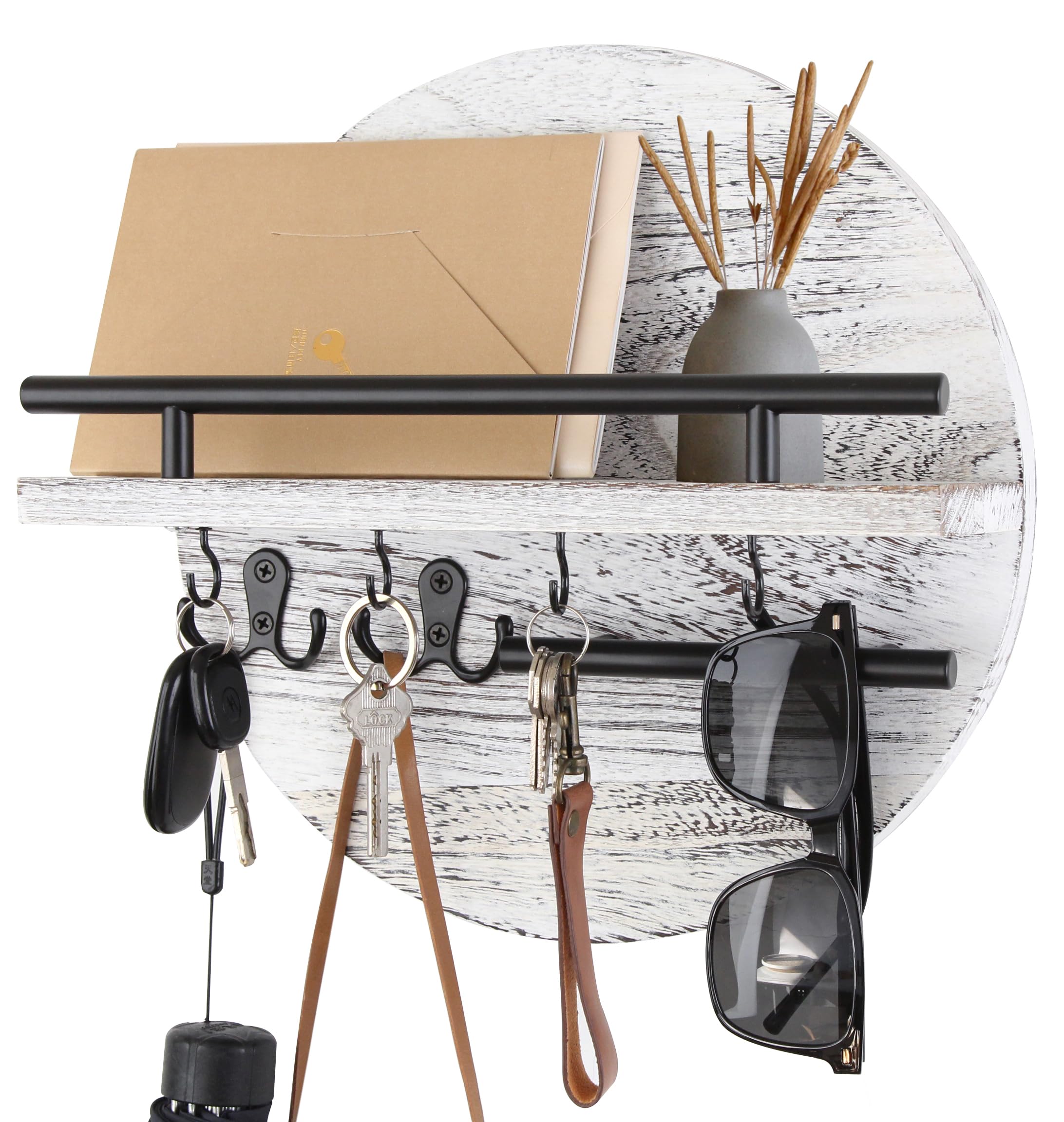 Gurfuy Key Holder for Wall with Shelf - Wood Mail Organizer and Rack with Shelf Hooks Wall Mounted for Entryway Decor Magazines Letter Storage