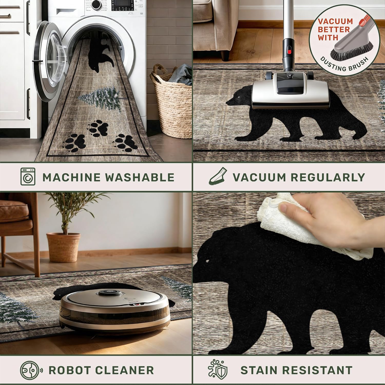 Bear Paw Runner Rug,2x7ft,Rustic Black Bear Forest Wildlife Washable Porch Rugs, Soft Durable Vintage Long Runner Rug for Living Room Kitchen Laundry Room Hallwey Entrance