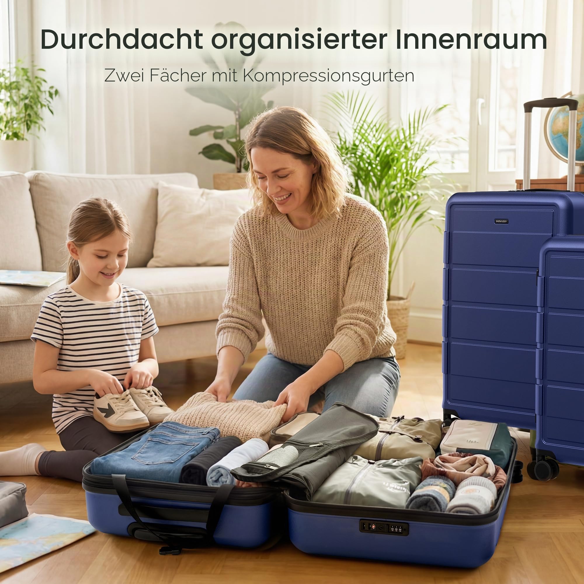 SHOWKOO Kofferset 3 Teilig Hartschale Leicht ABS+PC Erweiterbar Reisekoffer Haltbar Trolley Handgepäck Sets mit TSA Schloss und 4 Rollen (M L XL -Blau)